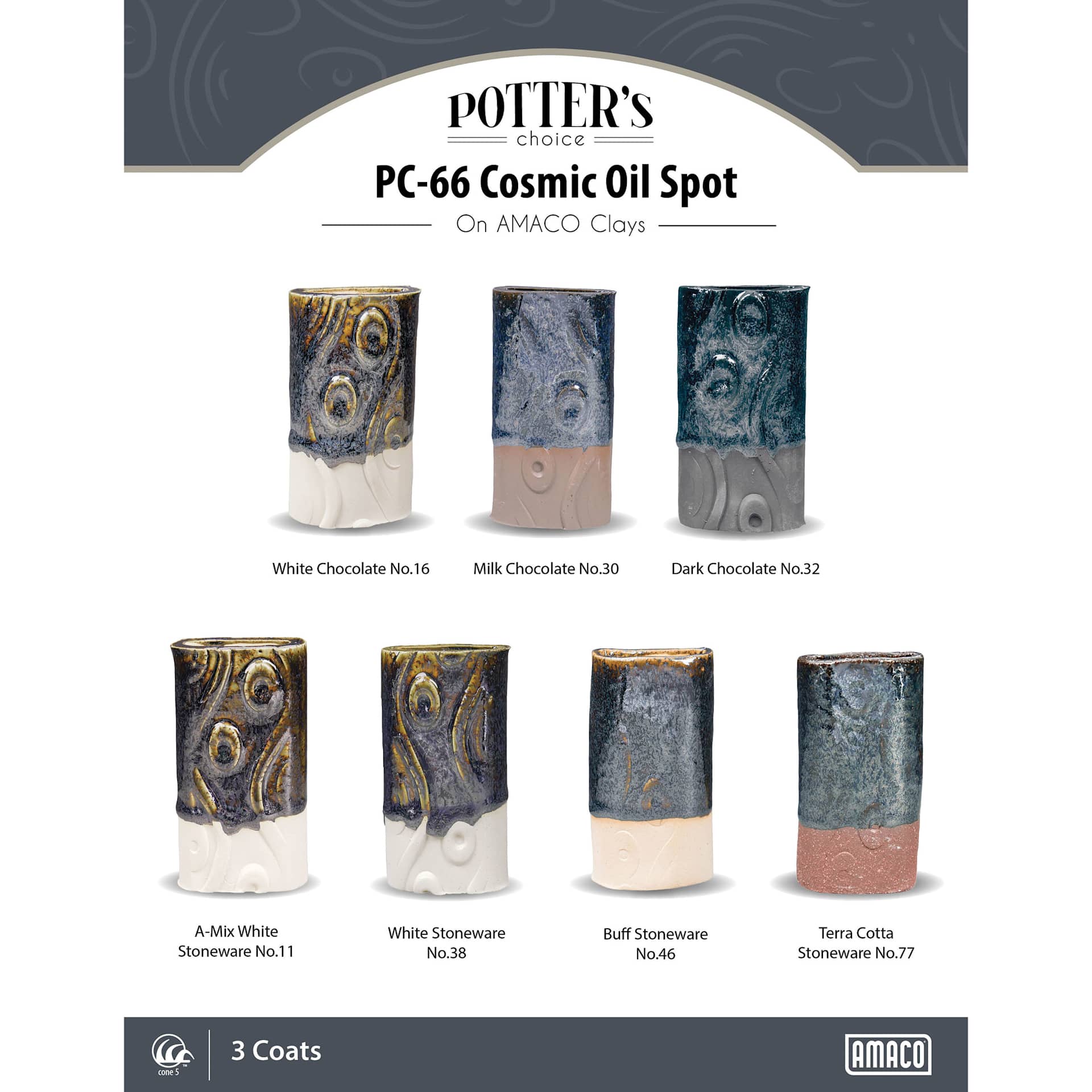 Cosmic Oilspot Amaco Potter's Choice Glaze - 3 coats applied to Applied to White Chocolate, Milk Chocolate, Dark Chocolate, A-Mix White Stoneware, White Stoneware, Buff Stoneware, and Terra Cotta Stoneware clays.