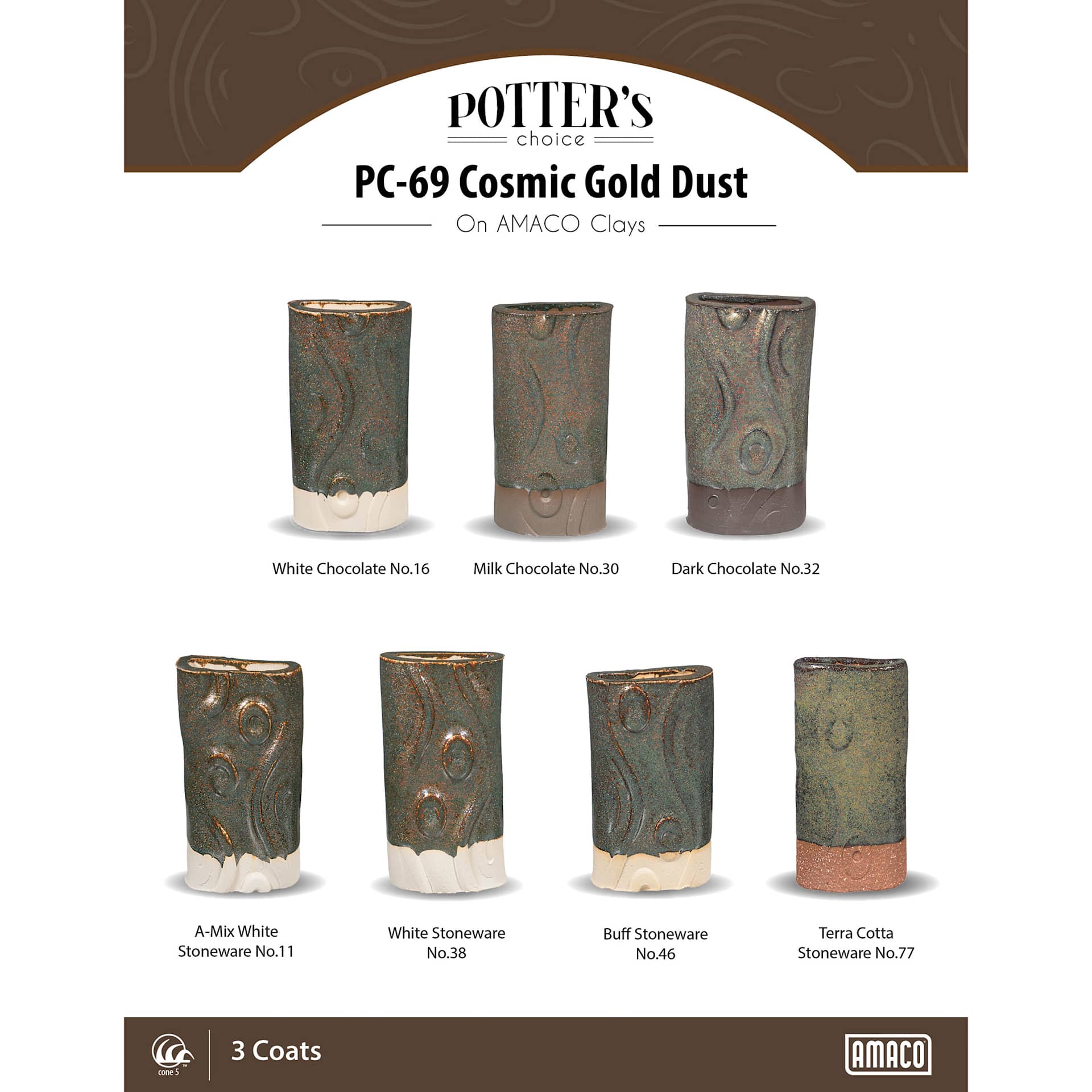 Cosmic Gold Dust Amaco Potter's Choice Glaze - 3 coats applied to Applied to White Chocolate, Milk Chocolate, Dark Chocolate, A-Mix White Stoneware, White Stoneware, Buff Stoneware, and Terra Cotta Stoneware clays.