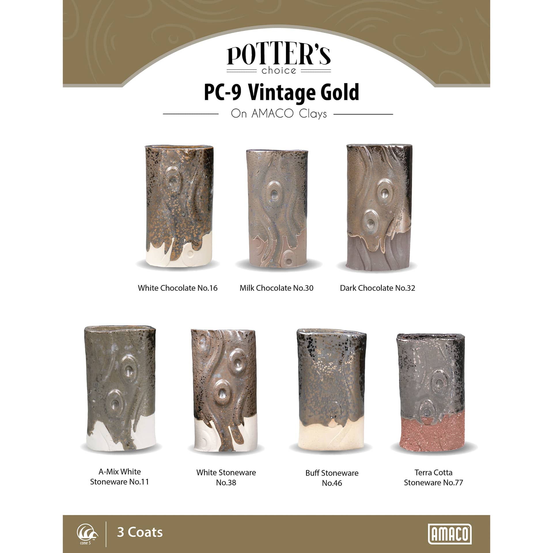 Vintage Gold Amaco Potter's Choice Glaze - 3 coats applied to Applied to White Chocolate, Milk Chocolate, Dark Chocolate, A-Mix White Stoneware, White Stoneware, Buff Stoneware, and Terra Cotta Stoneware clays.