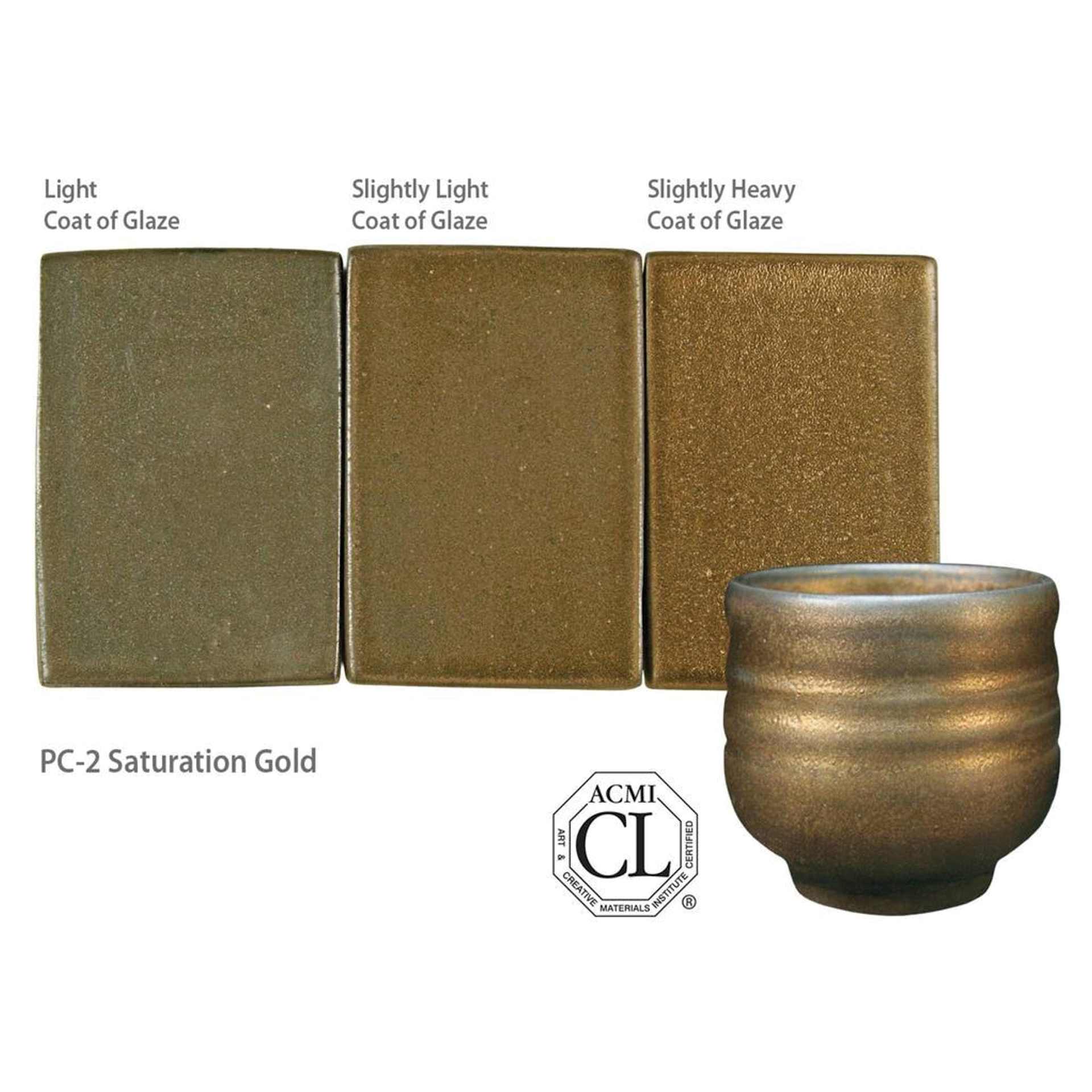 Saturation Gold Amaco Potter's Choice Glaze - Light coat of glaze; Slightly light coat of glaze; and Slightly heavy coat of glaze.