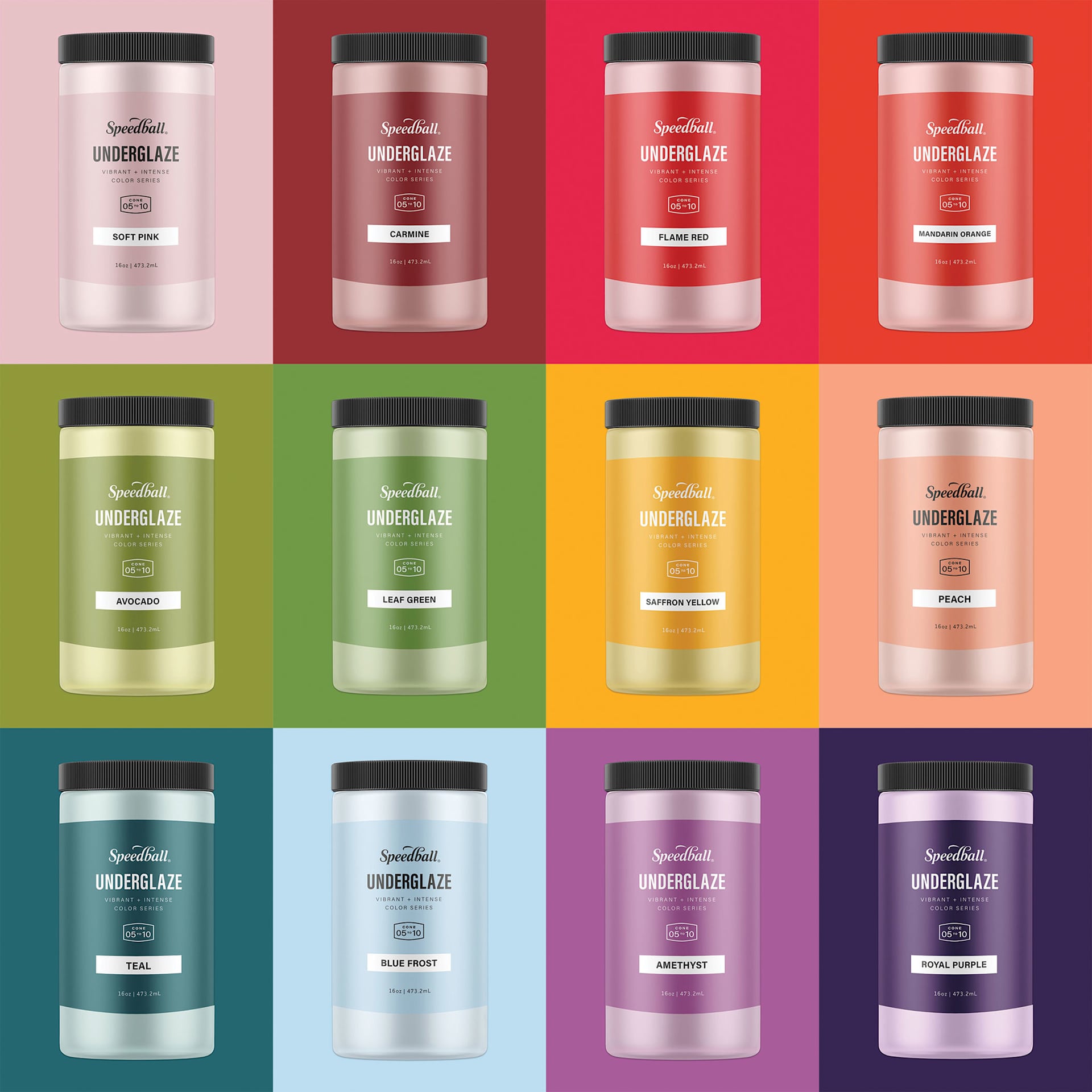 Speedball Ceramic Underglaze - Deluxe Sampler, Set of 12, 16 oz (Bottles with color swatches)