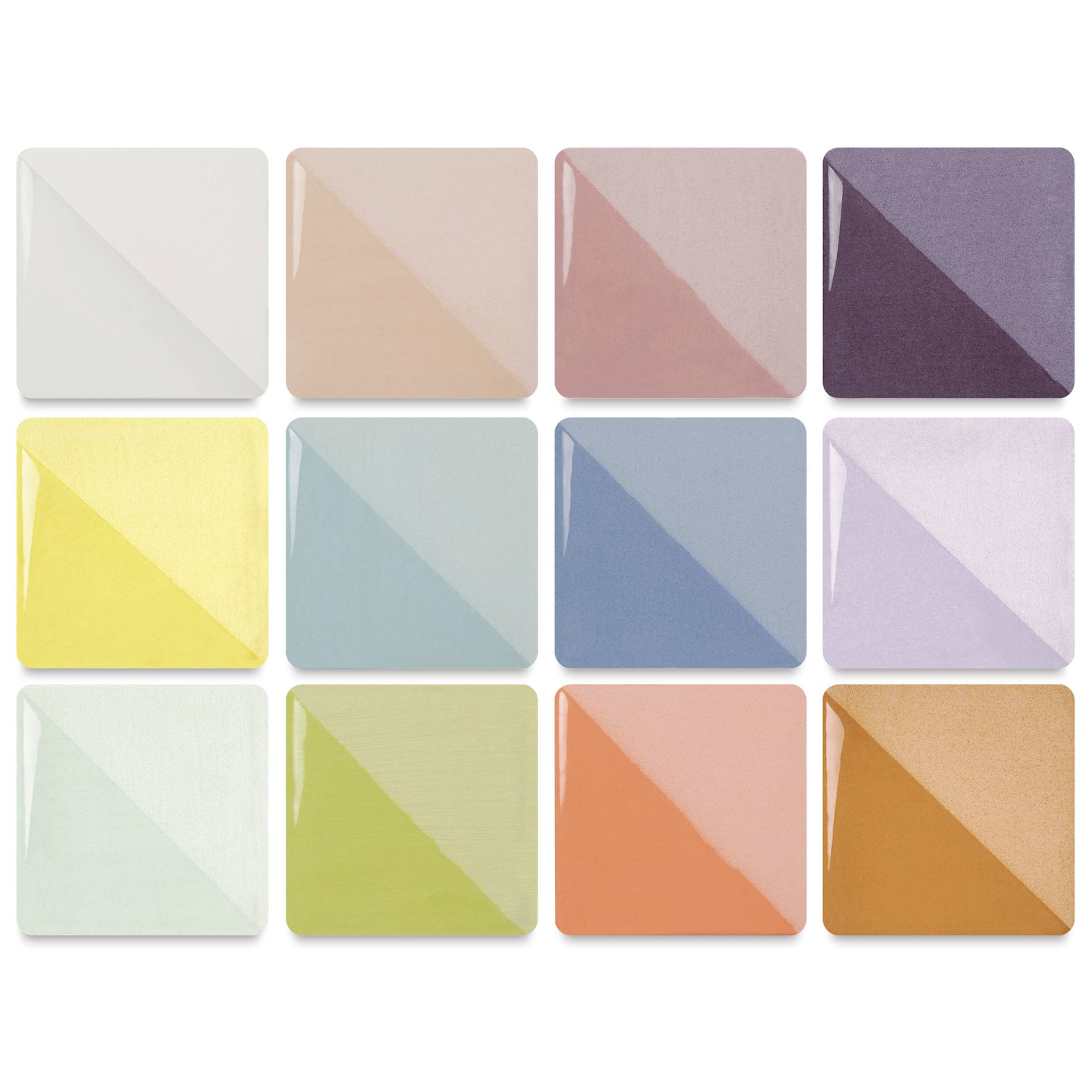 Speedball Ceramic Underglaze - Pastel Bulk Sampler, Set of 12, fired on white clay bisque tiles, half covered in Speedball Clear Glaze, fired to cone 05