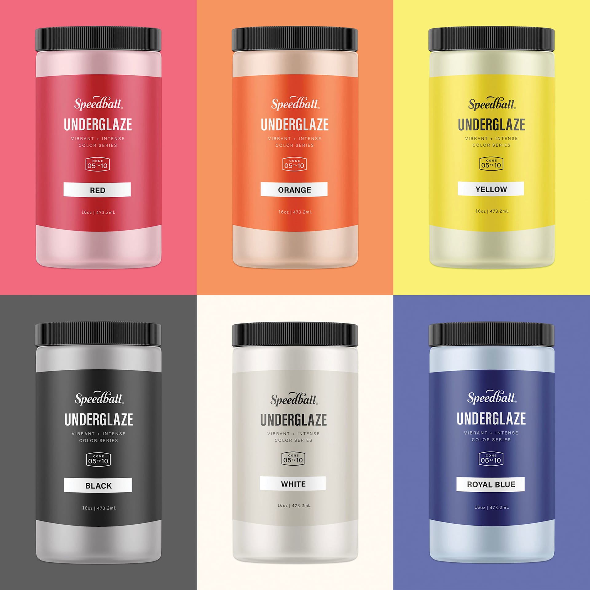 Speedball Ceramic Underglaze - Set of 6, 16 oz (Jars with swatches)