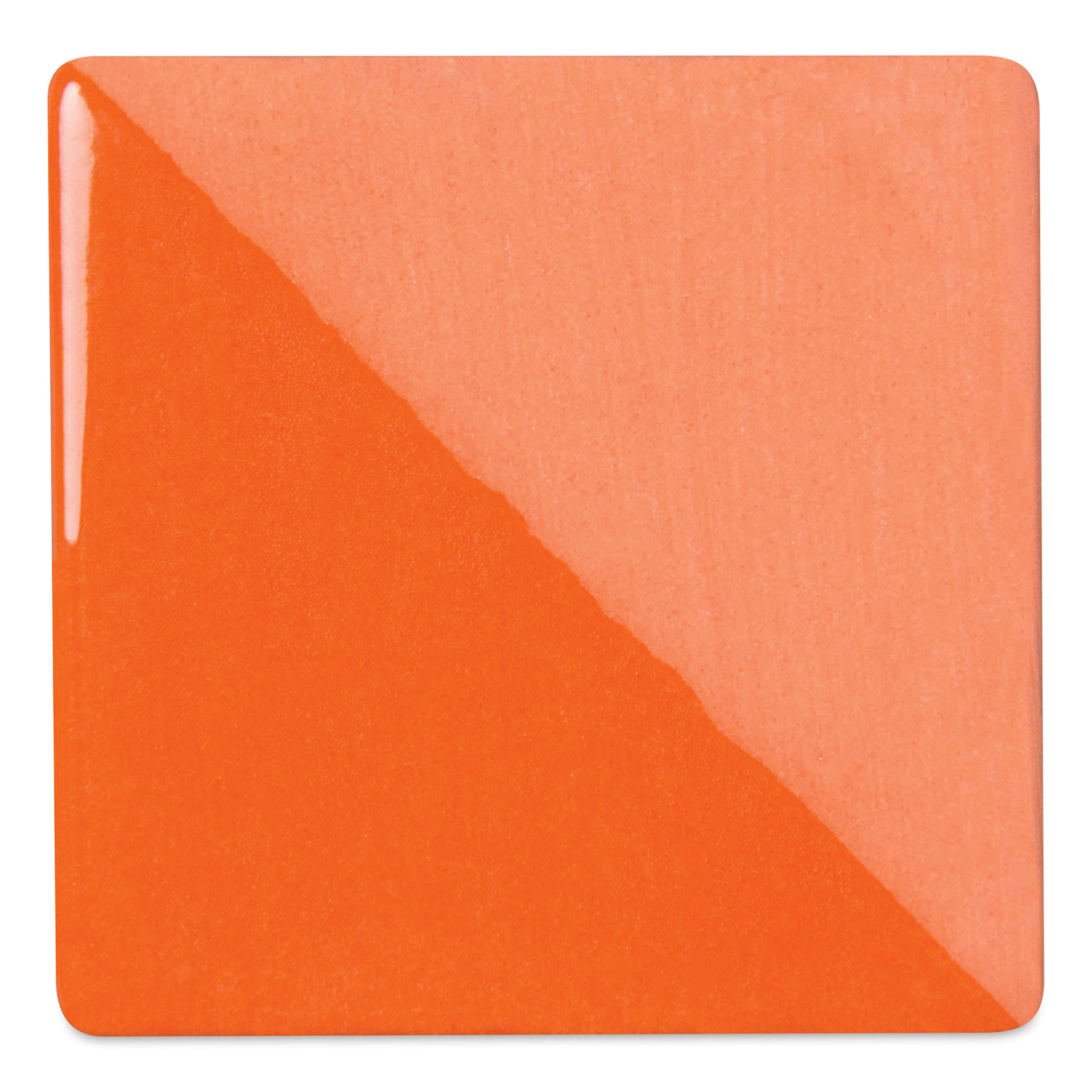 Speedball Ceramic Underglaze - Orange, Opaque, fired on white clay bisque tiles, half covered in Speedball Clear Glaze, fired to cone 05
