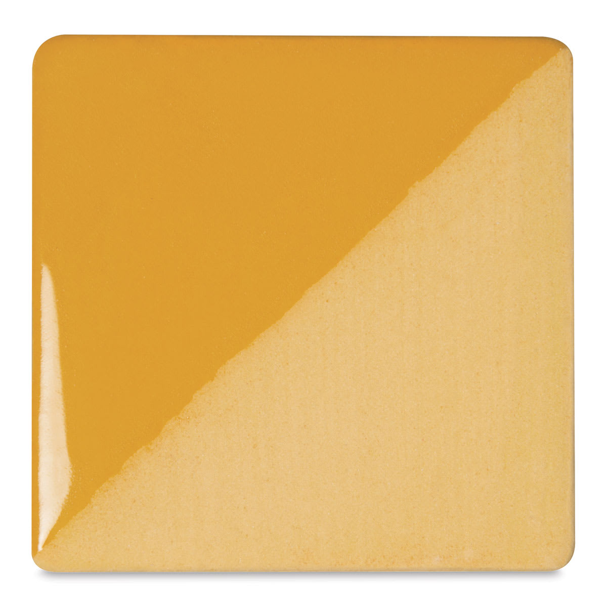 Speedball Ceramic Underglaze - Saffron Yellow, Opaque, fired on white clay bisque tiles, half covered in Speedball Clear Glaze, fired to cone 05