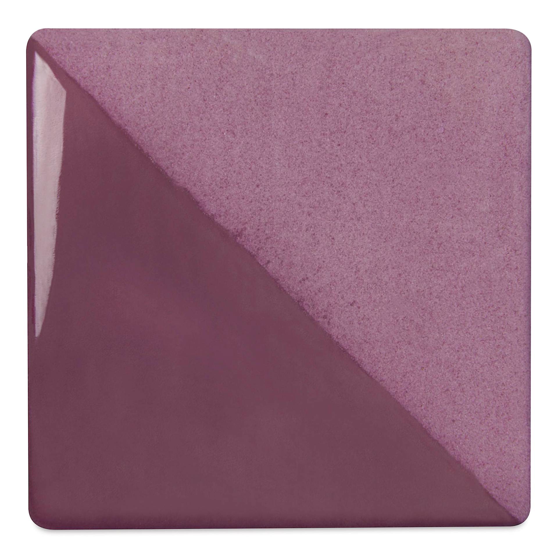 Speedball Ceramic Underglaze - Purple, Opaque, fired on white clay bisque tiles, half covered in Speedball Clear Glaze, fired to cone 05