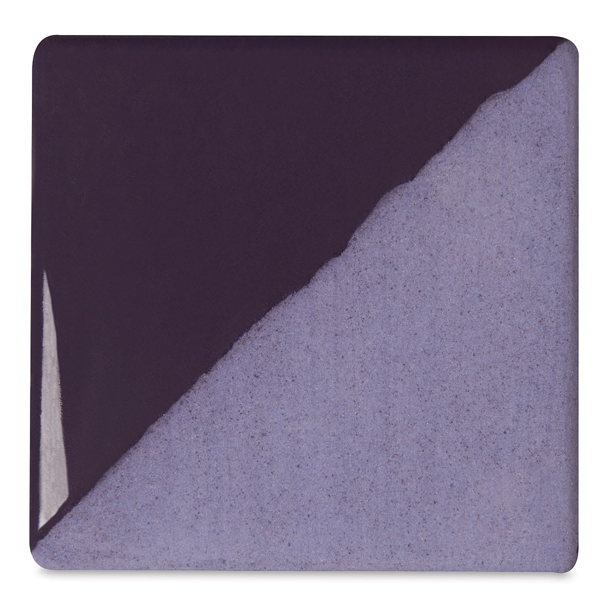 Speedball Ceramic Underglaze - Royal Purple, Opaque, fired on white clay bisque tiles, half covered in Speedball Clear Glaze, fired to cone 05
