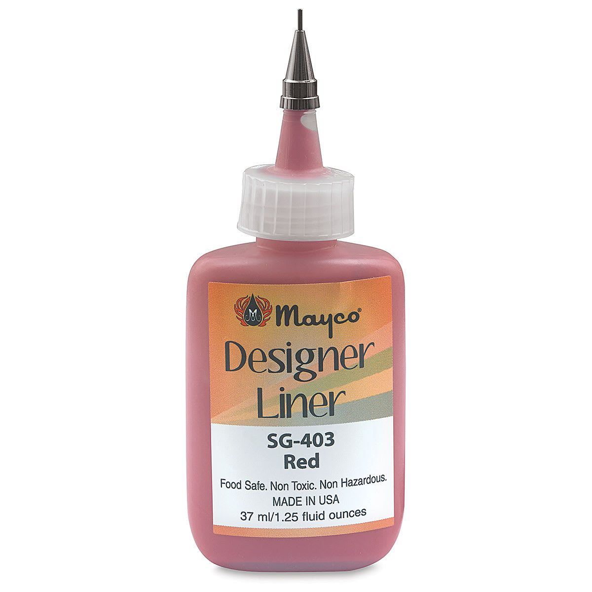 Mayco Designer Liners - Front of Red 1.25 oz bottle shown uncapped to show metal tip