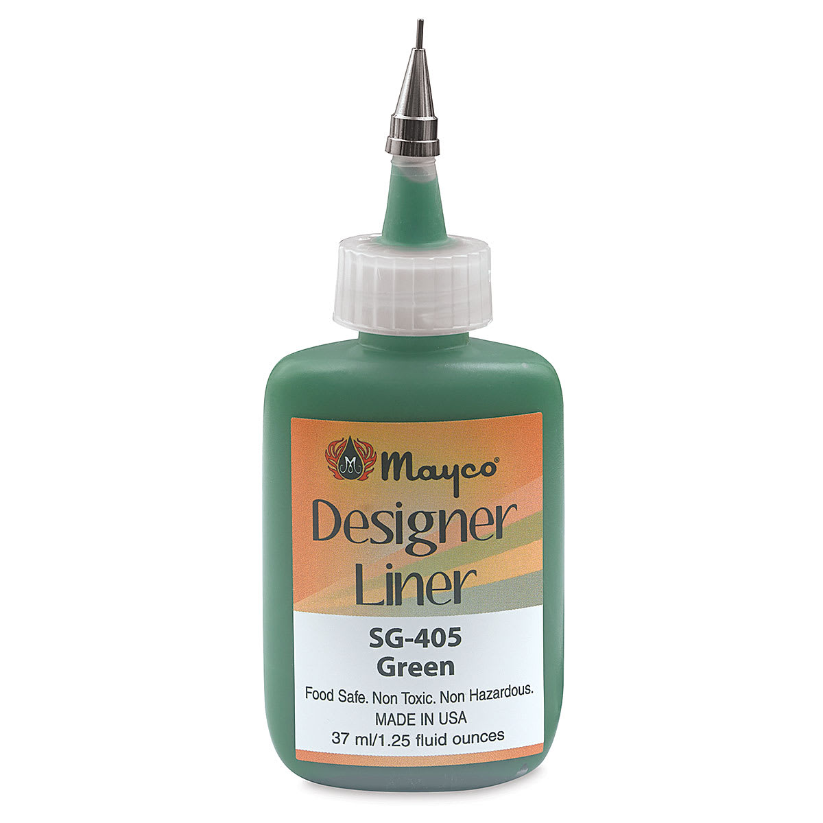 Mayco Designer Liners - Front of Green 1.25 oz bottle shown uncapped to show metal tip
