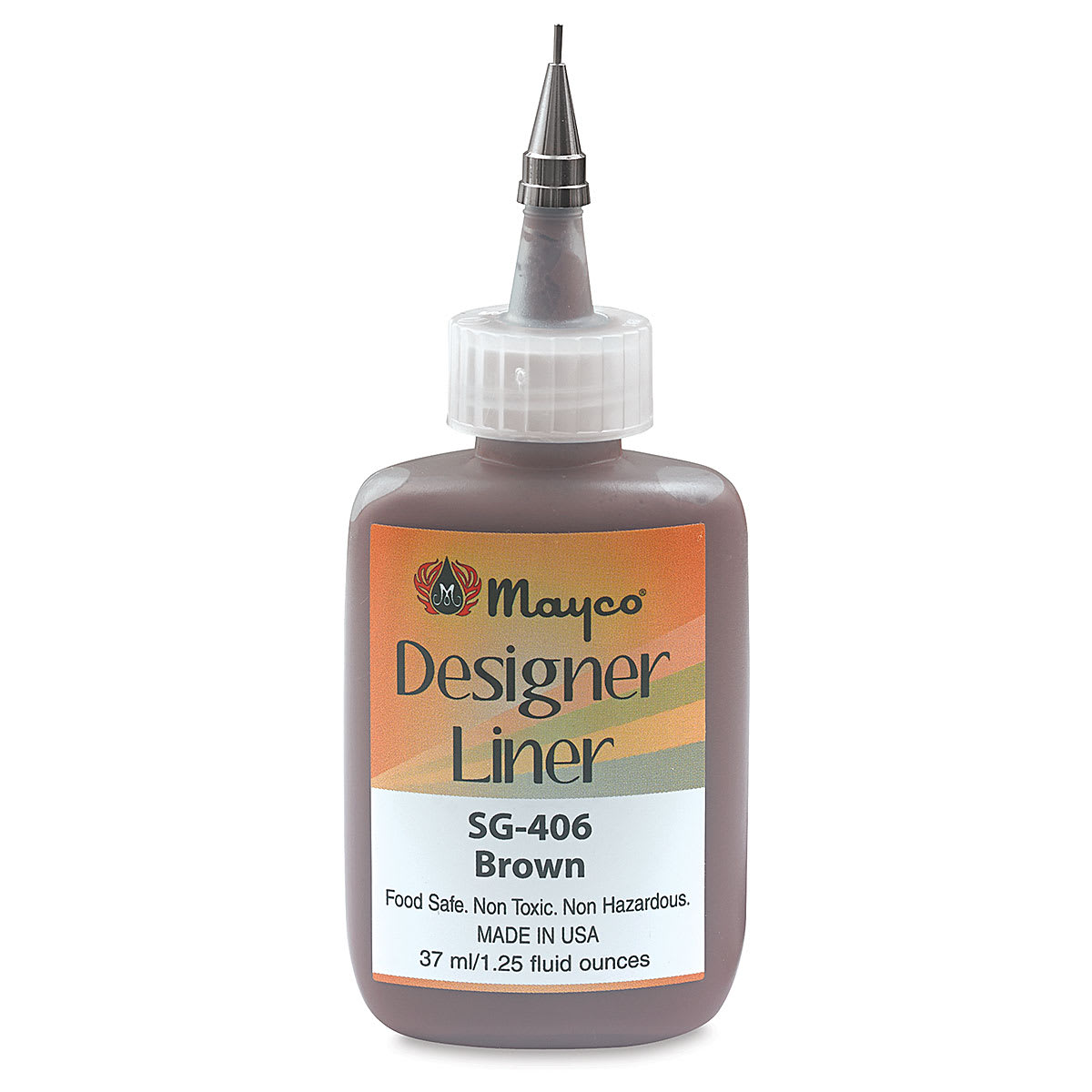 Mayco Designer Liners - Front of Brown 1.25 oz bottle shown uncapped to show metal tip