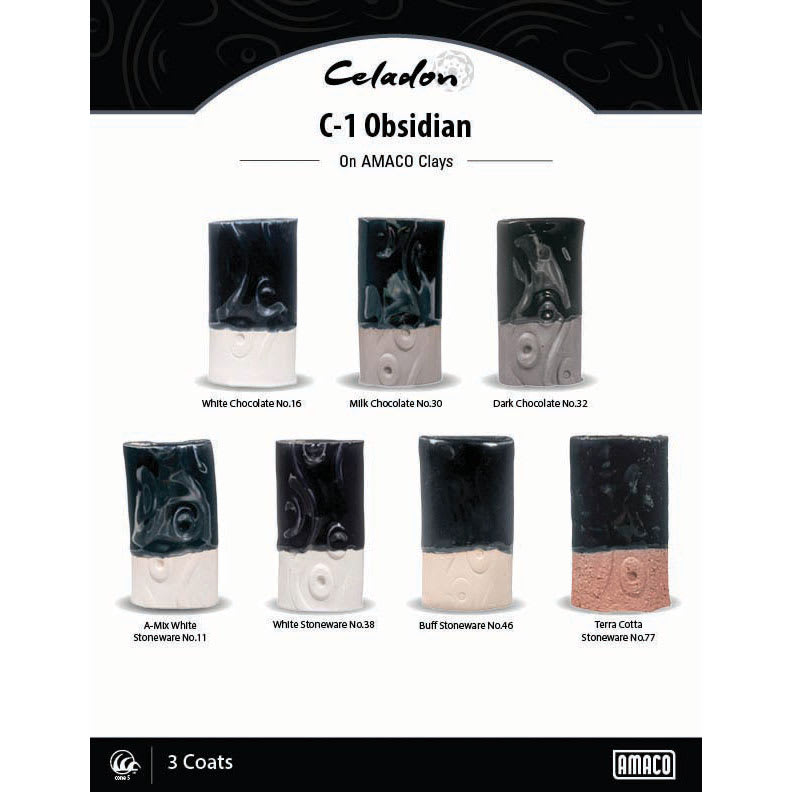 Celadon C-1 Obsidian On AMACO Clays. White Chocolate No. 16, Milk Chocolate No. 30, Dark Chocolate No. 32, A-Mix White Stoneware No. 11, White Stoneware No. 38, Buff Stoneware No. 46, Terra Cotta Stoneware No. 77, 3 Coats.