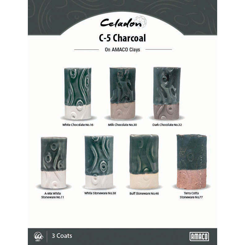 Celadon C-5 Charcoal On AMACO Clays. White Chocolate No. 16, Milk Chocolate No. 30, Dark Chocolate No. 32, A-Mix White Stoneware No. 11, White Stoneware No. 38, Buff Stoneware No. 46, Terra Cotta Stoneware No. 77, 3 Coats.