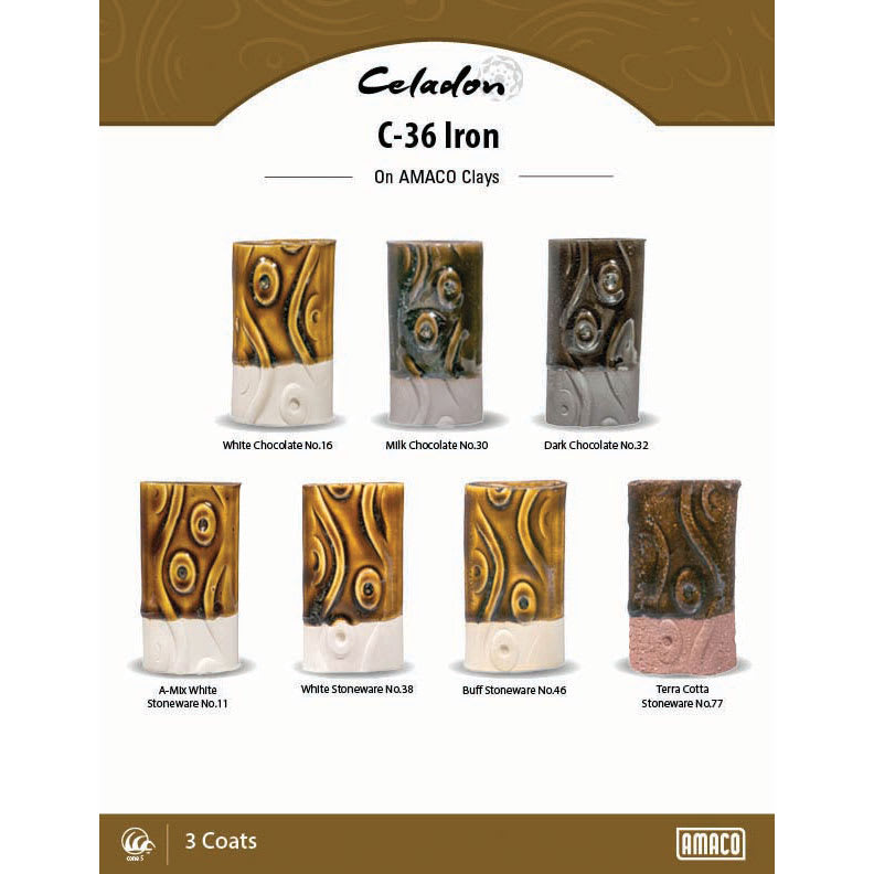 Celadon C-36 Iron On AMACO Clays. White Chocolate No. 16, Milk Chocolate No. 30, Dark Chocolate No. 32, A-Mix White Stoneware No. 11, White Stoneware No. 38, Buff Stoneware No. 46, Terra Cotta Stoneware No. 77, 3 Coats.