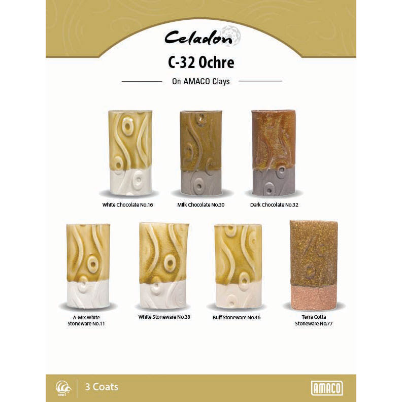 Celadon C-32 Ochre On AMACO Clays. White Chocolate No. 16, Milk Chocolate No. 30, Dark Chocolate No. 32, A-Mix White Stoneware No. 11, White Stoneware No. 38, Buff Stoneware No. 46, Terra Cotta Stoneware No. 77, 3 Coats.