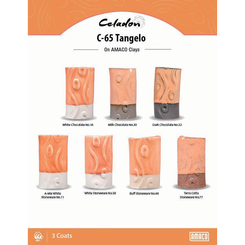 Celadon C-65 Tangelo On AMACO Clays. White Chocolate No. 16, Milk Chocolate No. 30, Dark Chocolate No. 32, A-Mix White Stoneware No. 11, White Stoneware No. 38, Buff Stoneware No. 46, Terra Cotta Stoneware No. 77, 3 Coats.
