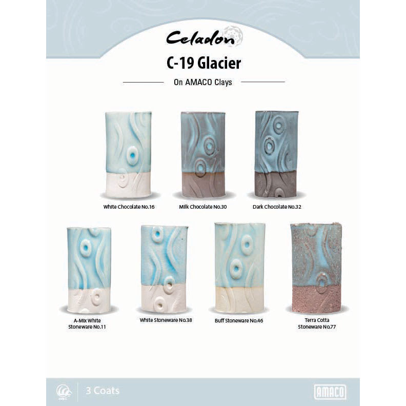 Celadon C-19 Glacier On AMACO Clays. White Chocolate No. 16, Milk Chocolate No. 30, Dark Chocolate No. 32, A-Mix White Stoneware No. 11, White Stoneware No. 38, Buff Stoneware No. 46, Terra Cotta Stoneware No. 77, 3 Coats.