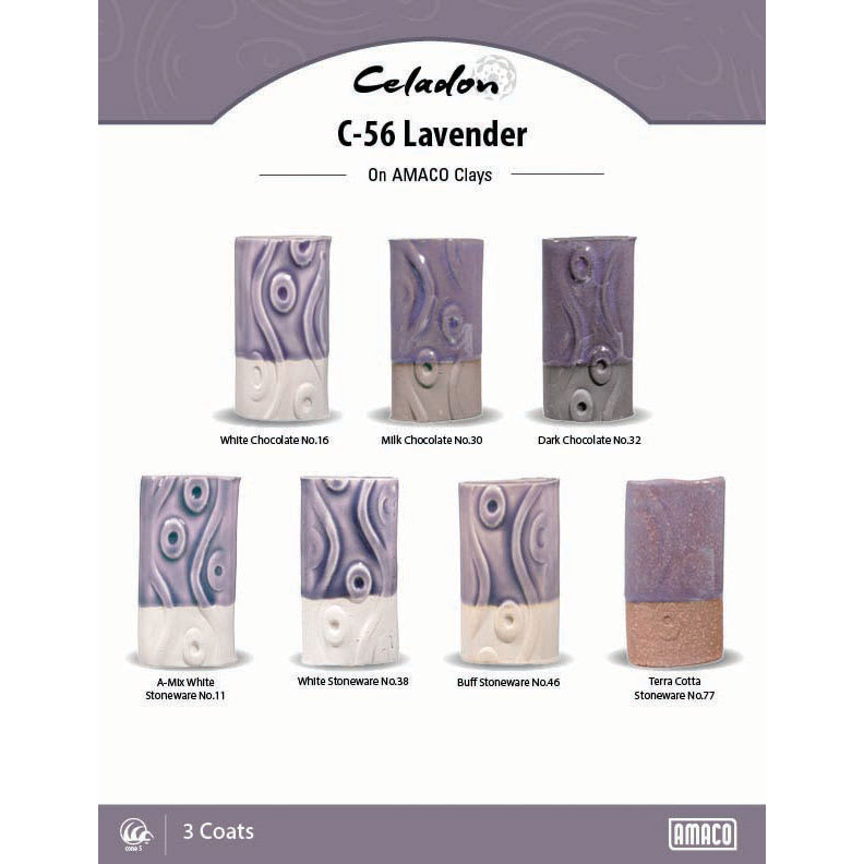 Celadon C-56 Lavender On AMACO Clays. White Chocolate No. 16, Milk Chocolate No. 30, Dark Chocolate No. 32, A-Mix White Stoneware No. 11, White Stoneware No. 38, Buff Stoneware No. 46, Terra Cotta Stoneware No. 77, 3 Coats.
