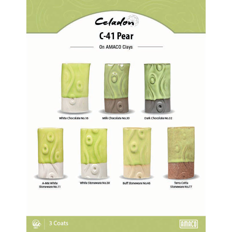Celadon C-41 Pear On AMACO Clays. White Chocolate No. 16, Milk Chocolate No. 30, Dark Chocolate No. 32, A-Mix White Stoneware No. 11, White Stoneware No. 38, Buff Stoneware No. 46, Terra Cotta Stoneware No. 77, 3 Coats.