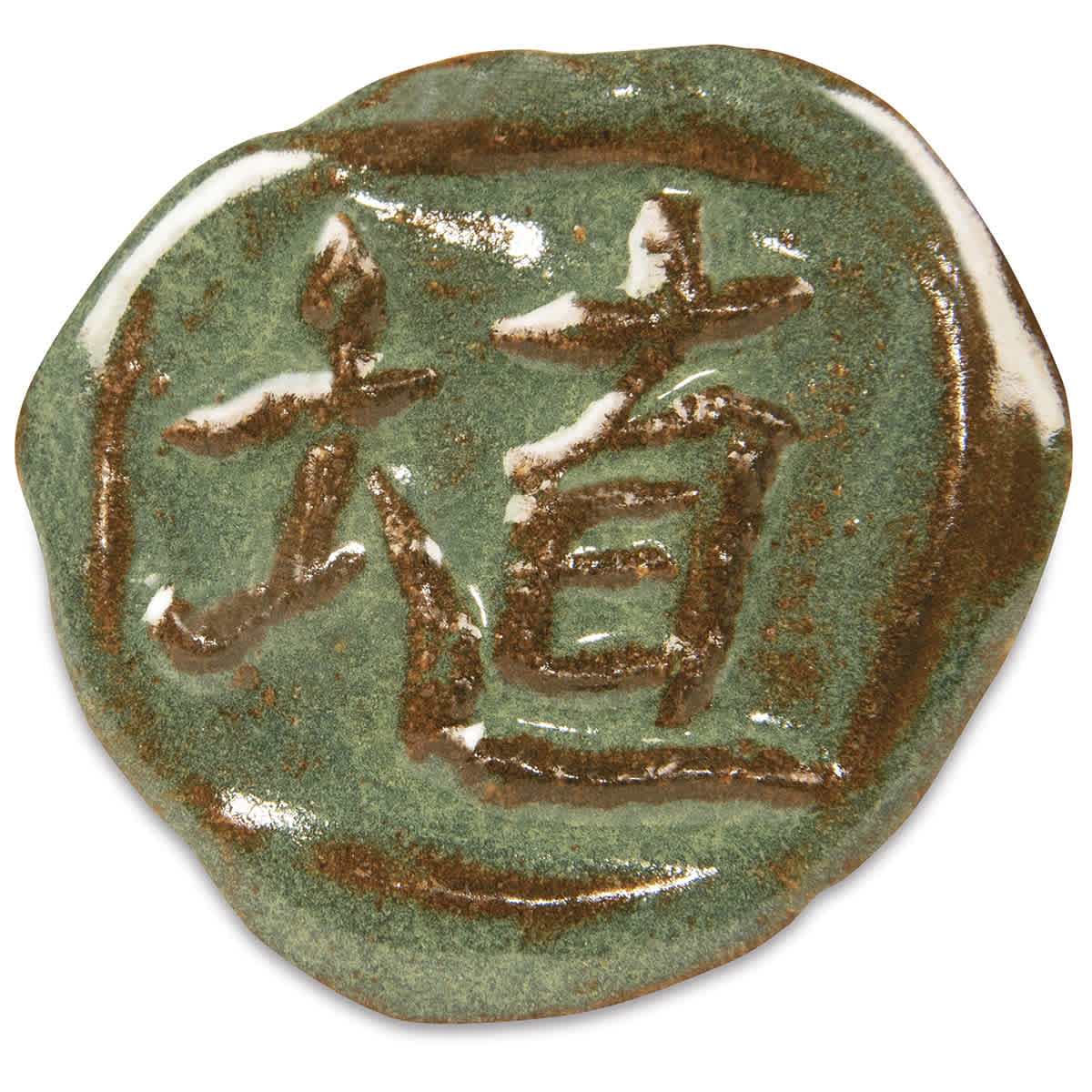 Amaco Shino Lead-Free Glazes- Ceramic Disc swatch showing Matcha color , Gloss finish