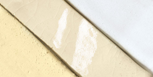 Standard Clay Company 553 Warm Buff Stoneware Clay shown with Bisque, Clear Glaze, and White Glaze
