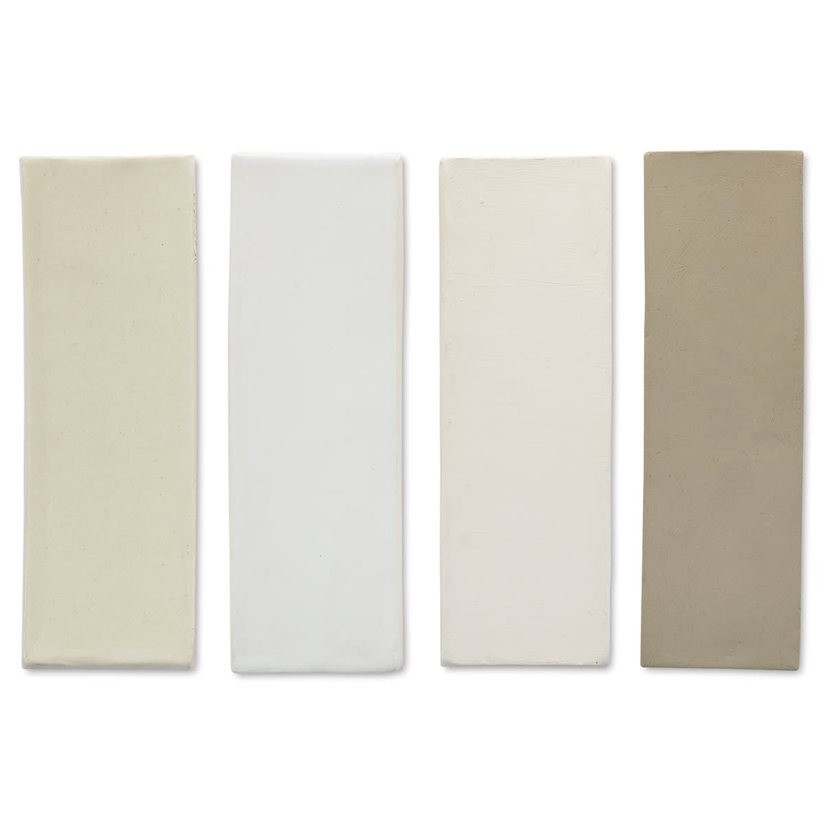 Standard Clay Company 105 White Talc-Free Clay sample tiles left to right - fired clay with clear glaze; fired clay with white glaze; bisque fired clay; unfired clay 
