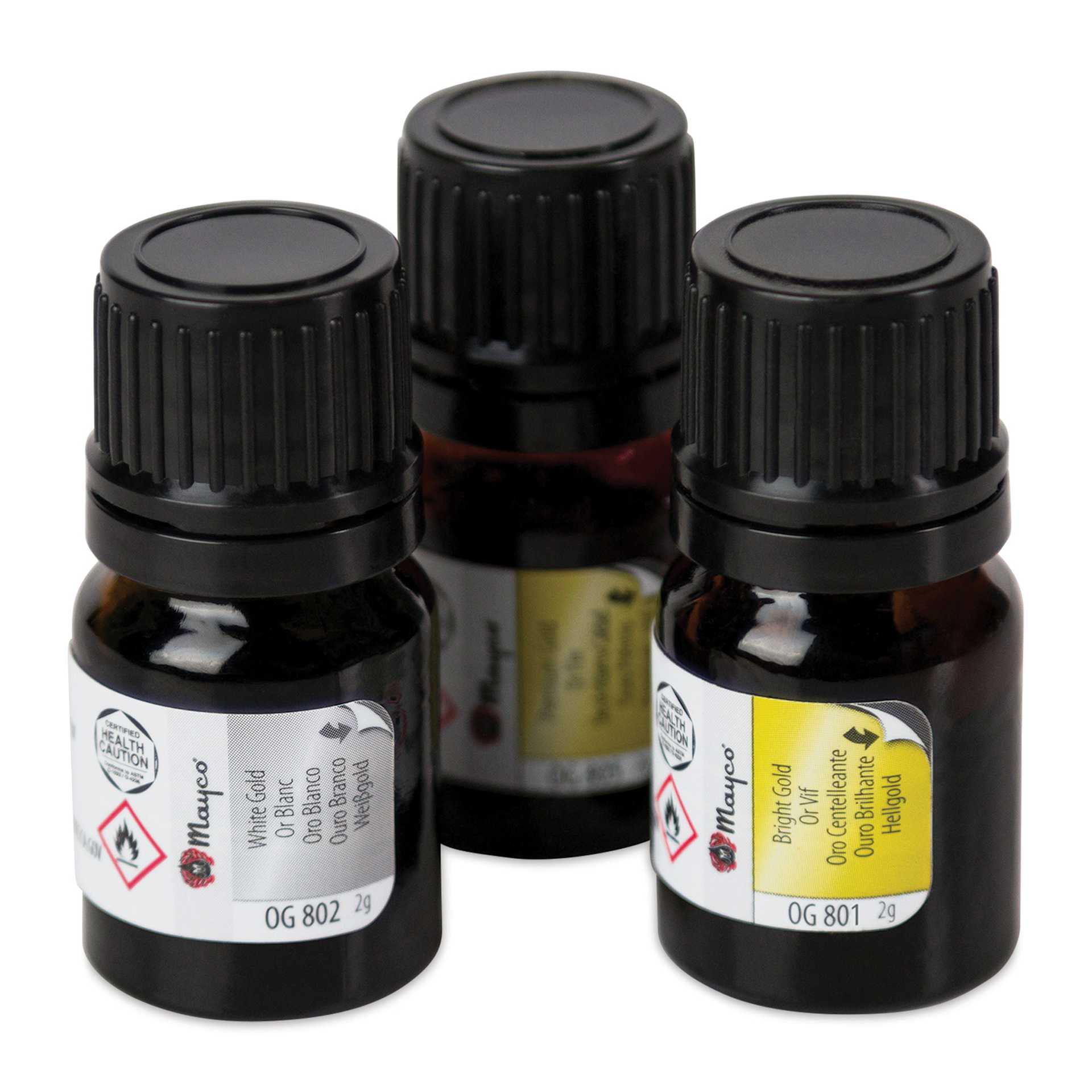 Mayco Precious Metals Overglaze (Bright Gold, Premium Gold, and White Gold bottles placed togerher)