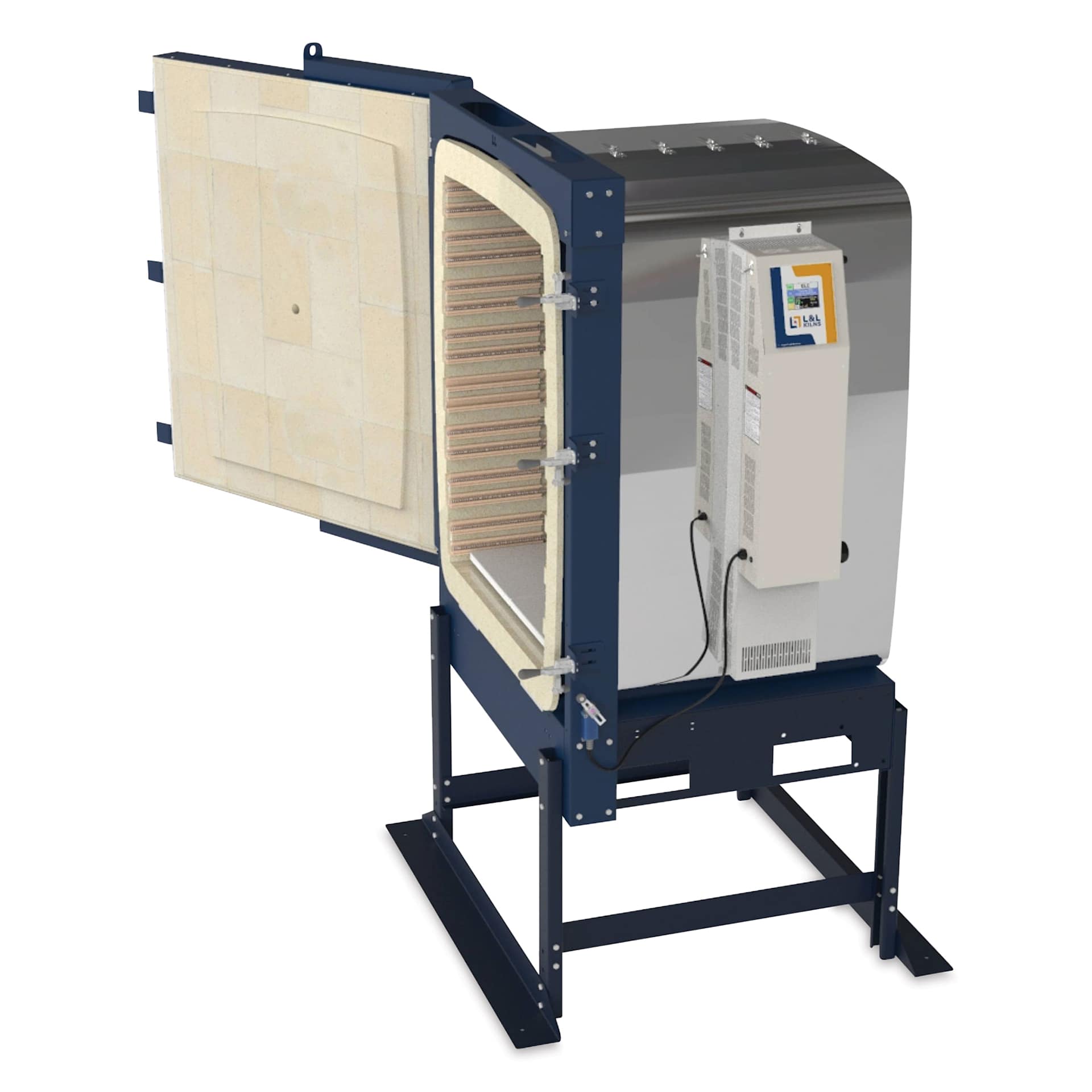 L&L EFL Studio Front-Loading Kilns - W19200, 240V, 1P, 80.0 Amp open, angled view
