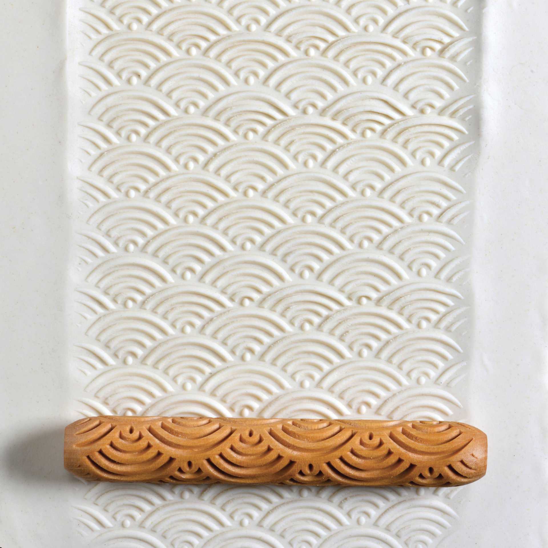 MKM Pottery Tools Hand Roller - Scallop Art Deco applied to clay