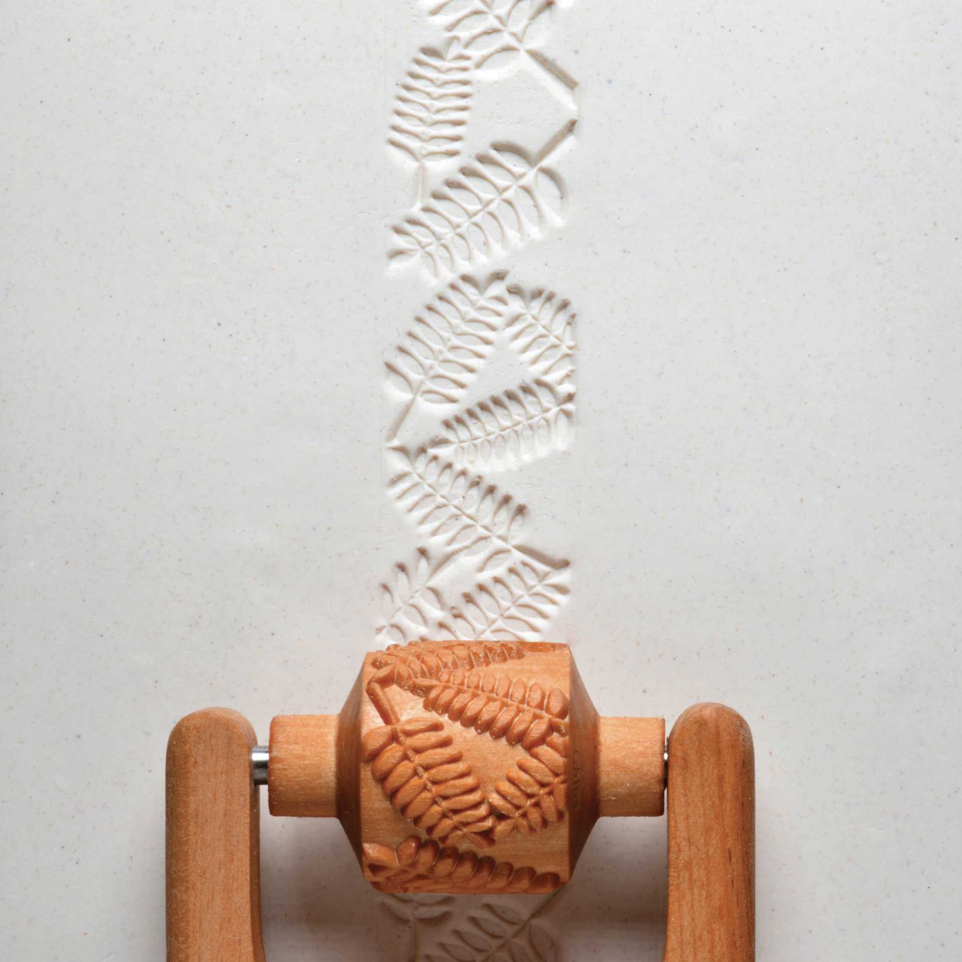 MKM Pottery Tools Medium Handle Roller - Fern Leaves applied to clay