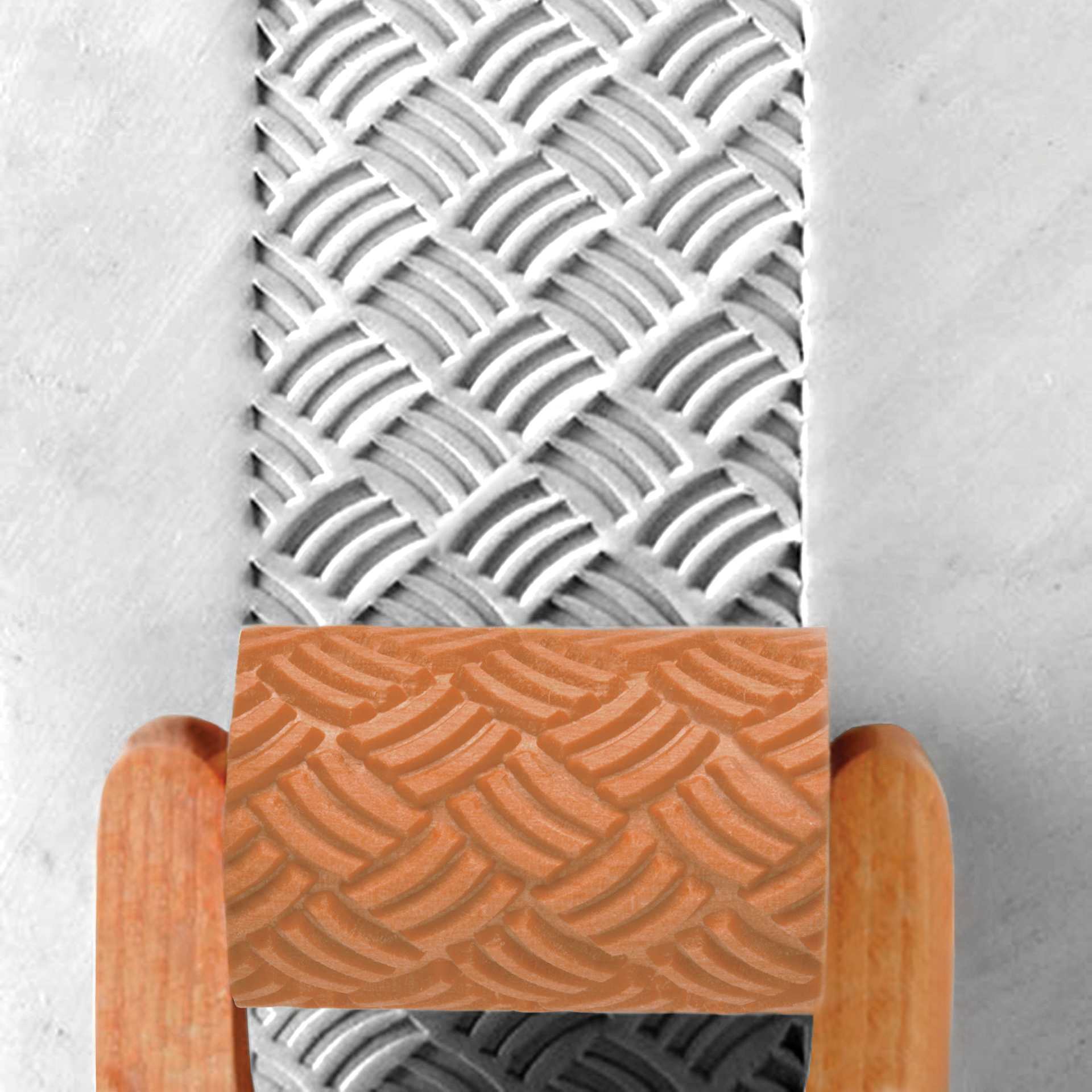 MKM Pottery Tools Large Handle Roller - Basket Weave applied to clay
