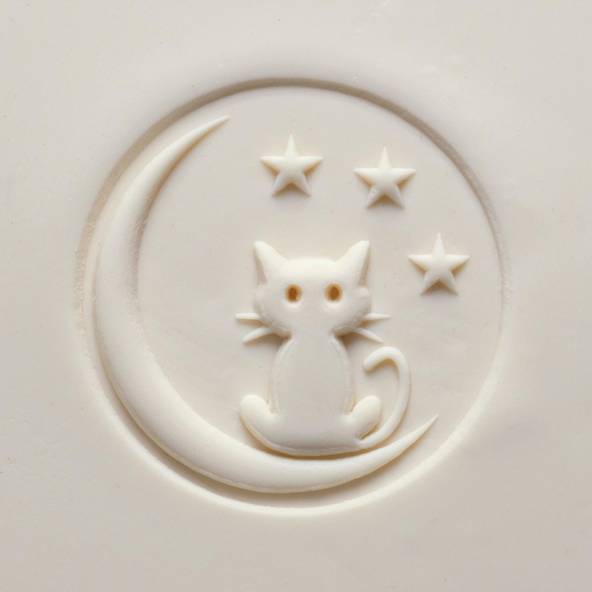 MKM Pottery Tools Extra Large Round Stamp - Cat on Moon applied to clay