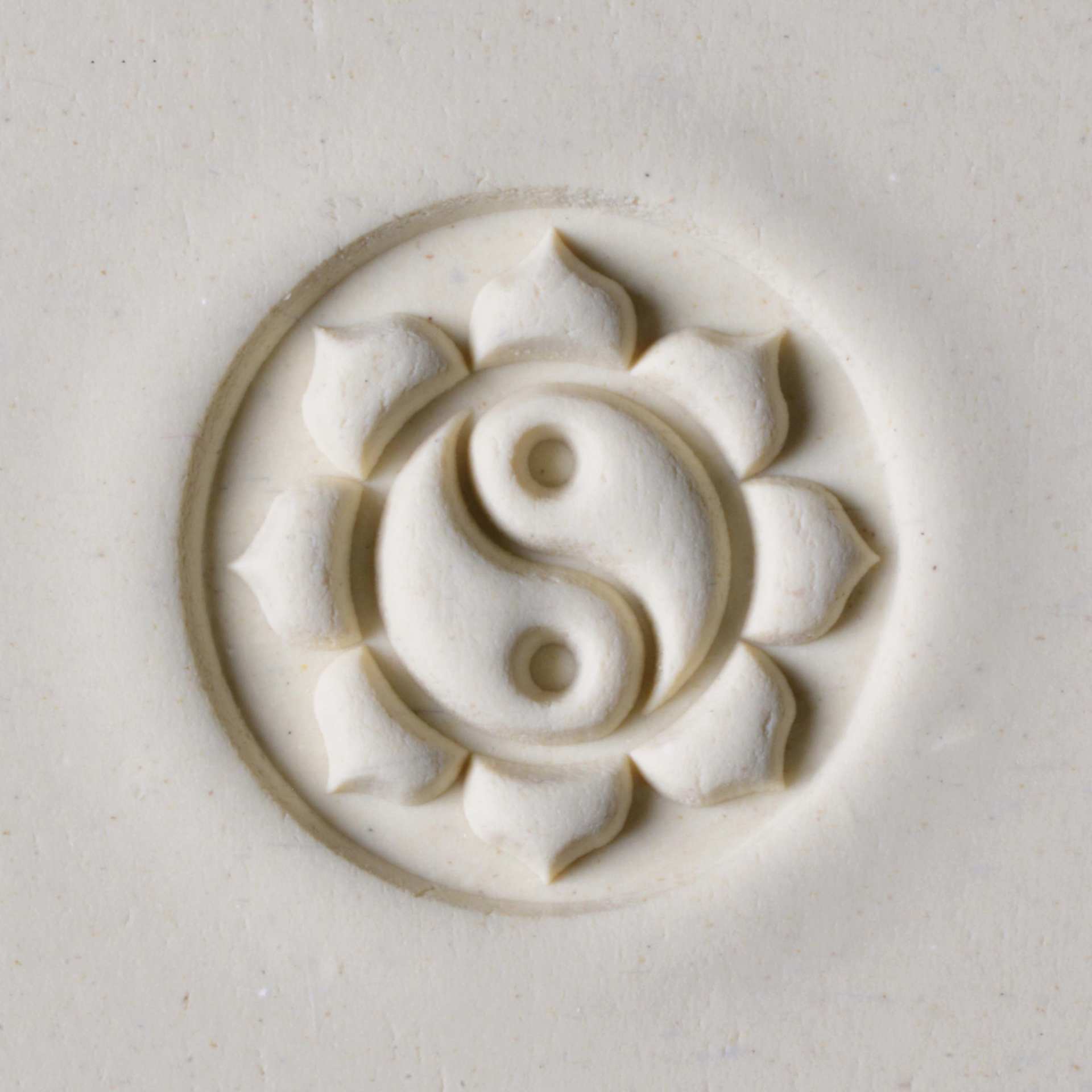 MKM Pottery Tools Large Round Stamp - SCL-066, Yin Yang Lotus applied to clay