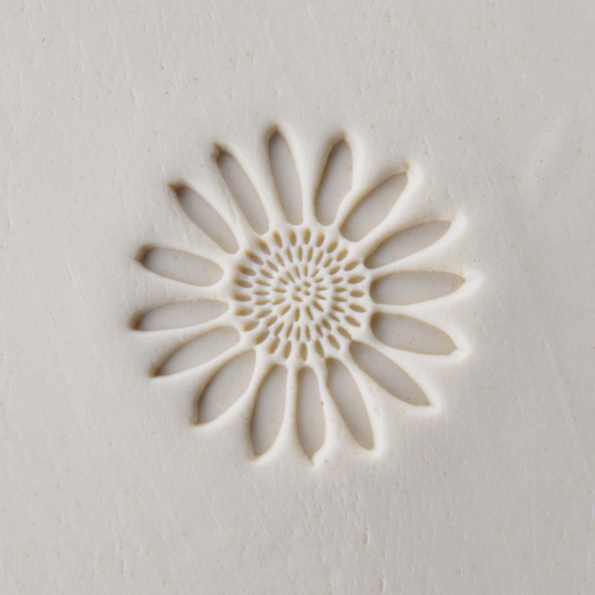 MKM Pottery Tools Large Round Stamp - SCL-109, Sunflower 2 applied to clay