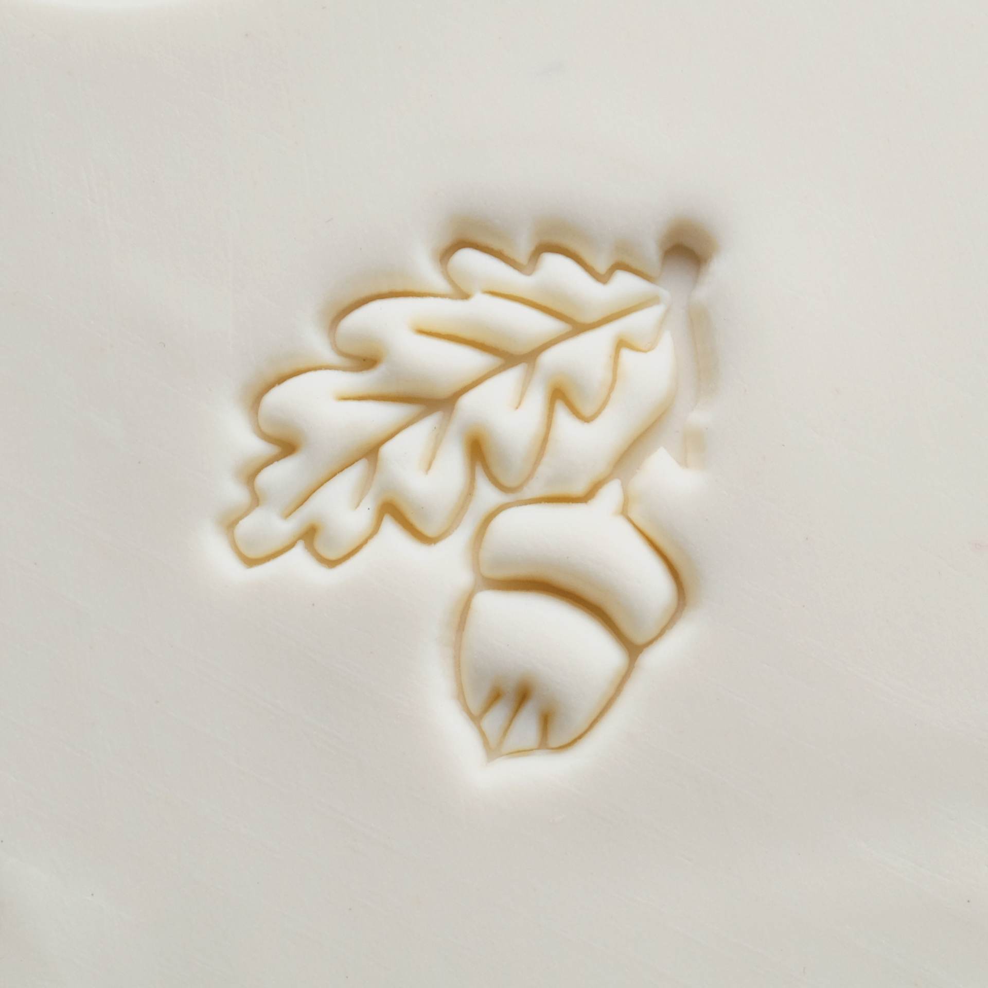 MKM Pottery Tools Large Round Stamp - SCL-167, Oak Leaf with Acorn applied to clay