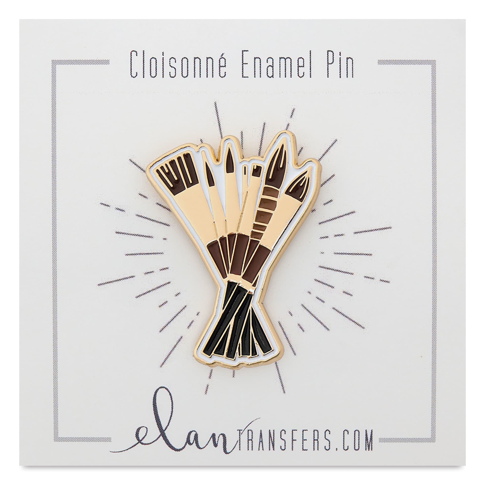 Elan Transfers Enamel Pin - Brushes pinned to front of packaging