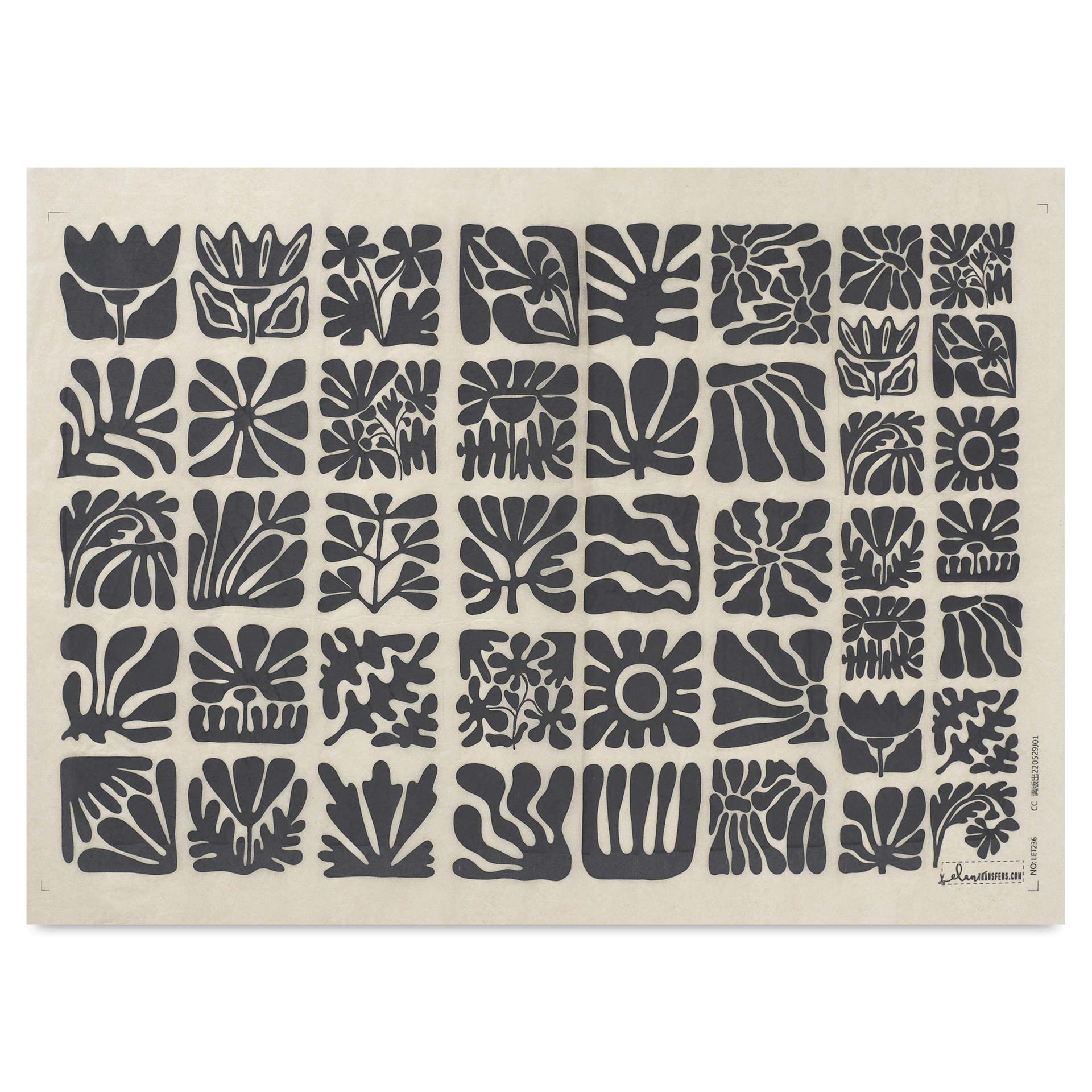 Elan Transfers Underglaze Transfer Sheet - Wood Block Flowers, Black