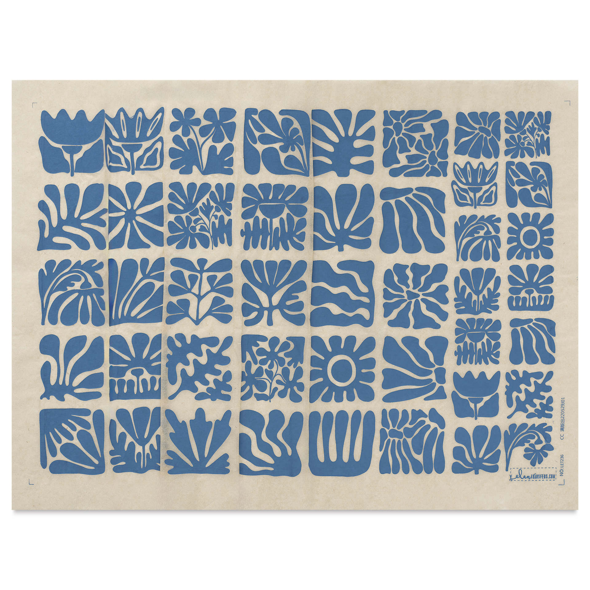 Elan Transfers Underglaze Transfer Sheet - Wood Block Flowers, Blue