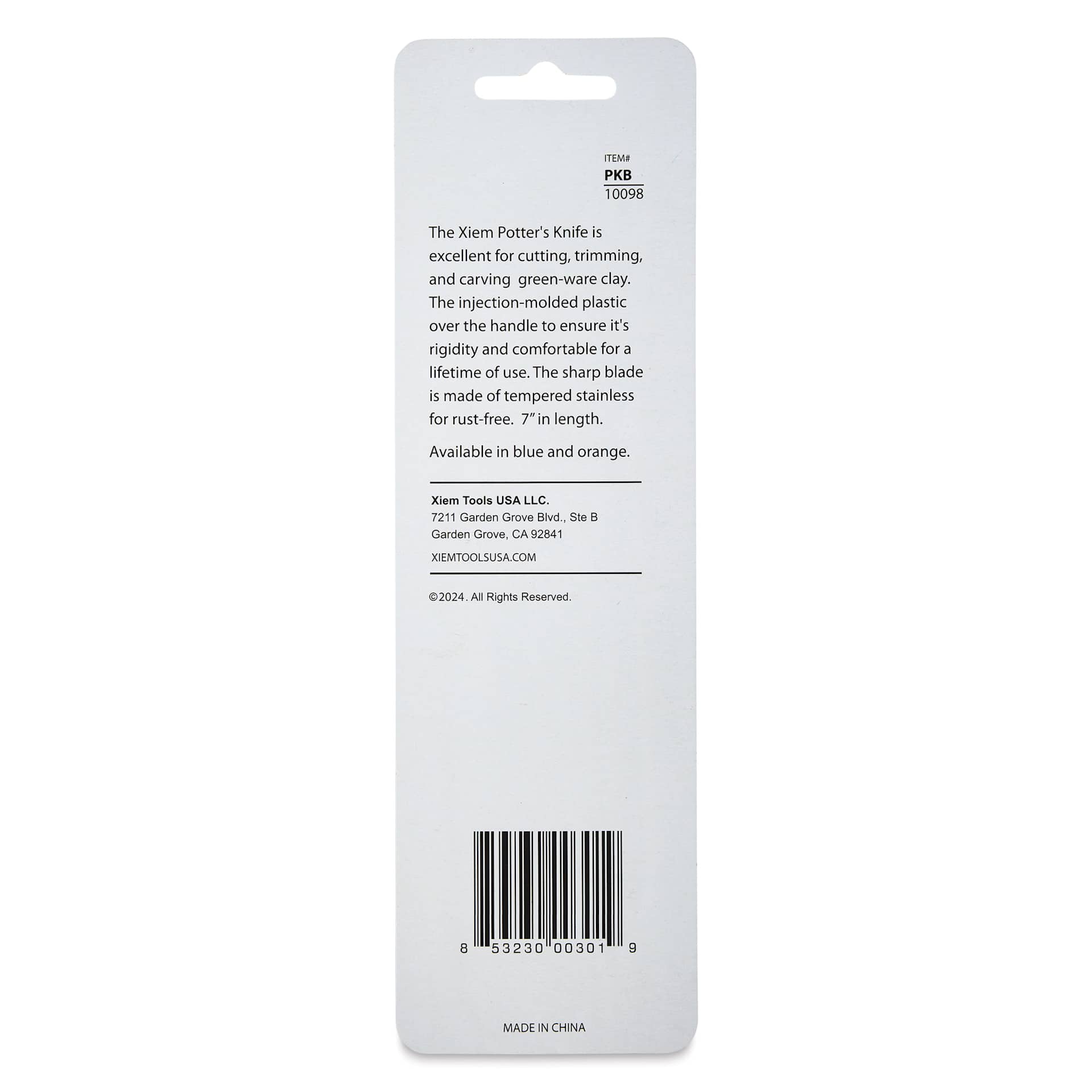 Xiem Tools Potter’s Knife - Blue - back of packaging