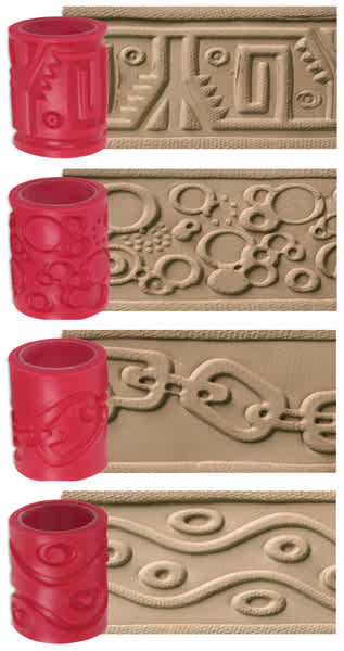 Amaco Clay Texture Rollers - Effects of the 4 Style 1 rollers shown on clay with corresponding sleeves