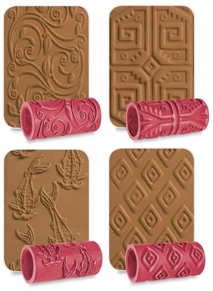 Amaco Clay Texture Rollers - Effects of the 4 Style 2 rollers shown on clay with corresponding sleeves