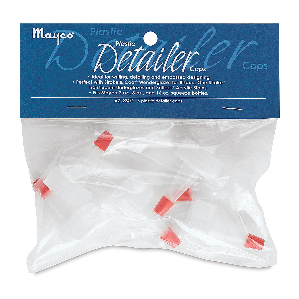 Mayco Empty Plastic Detailer Bottles - Front of packge of set of 6 Detailer Caps