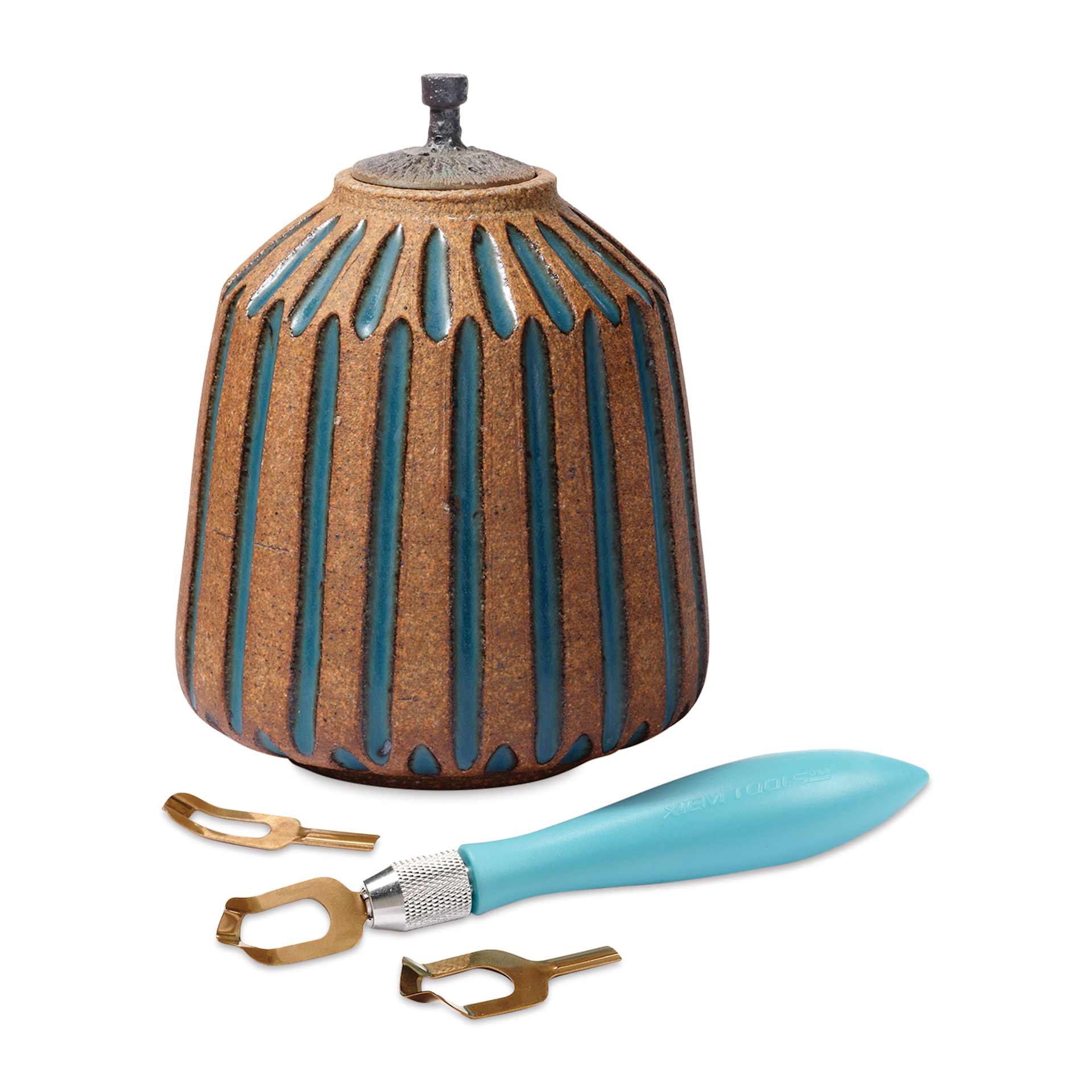 Xiem Fluting Tool Set - Set of 3, V-Shaped beside completed example project