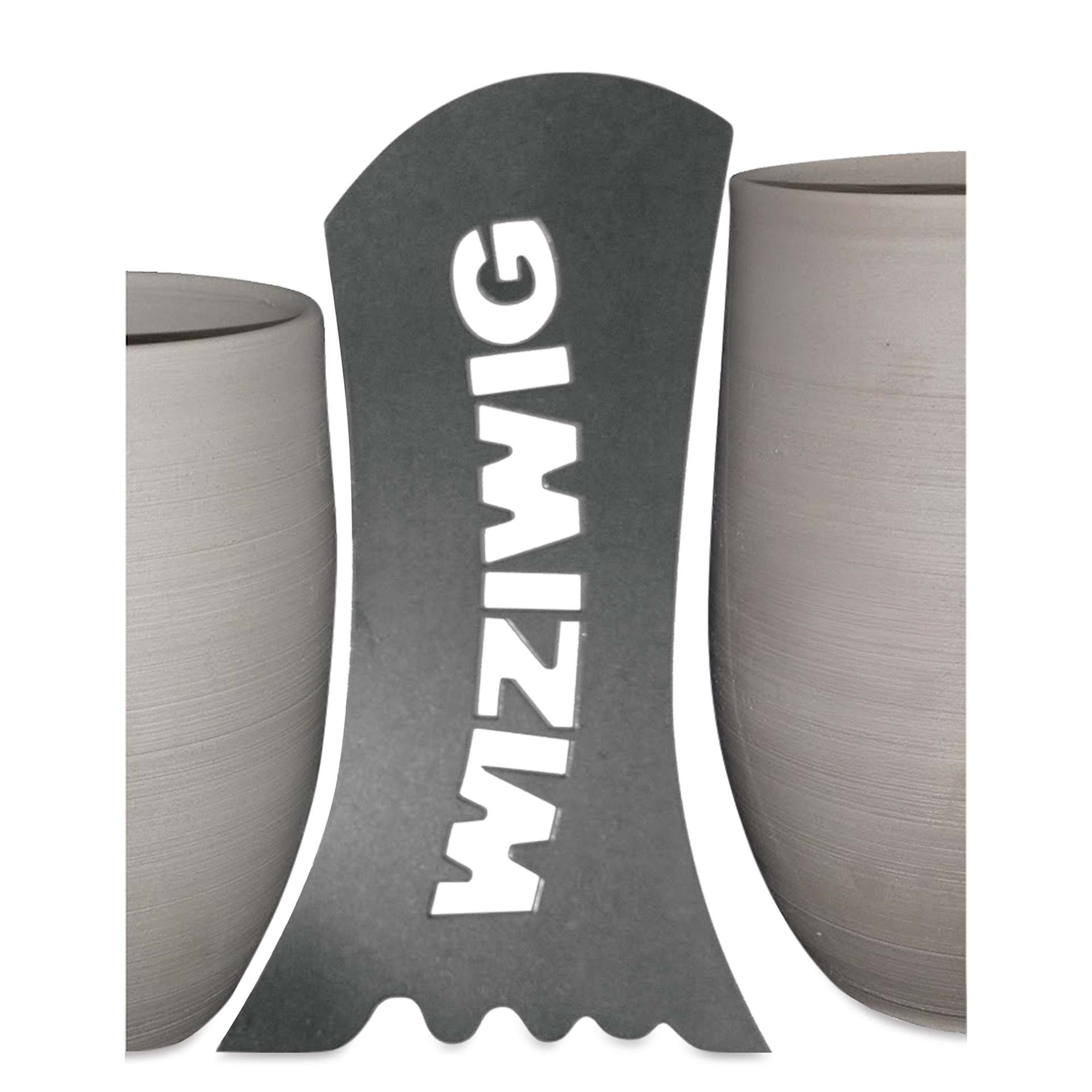 WiziWig Flute Makin’ Victoria Metal Potter’s Rib shown with clay pots to show angle