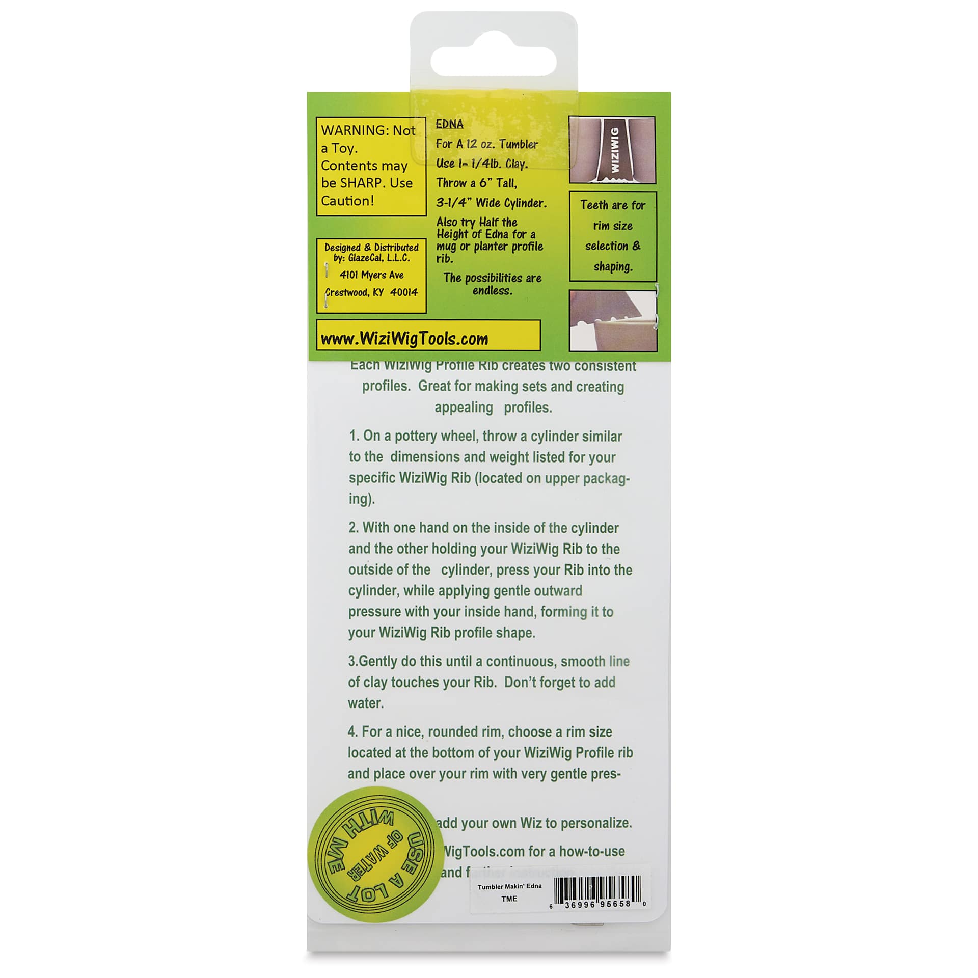 WiziWig Tools Tumbler Makin’ Edna Metal Potter’s Rib - Regular, 2-3/4" x 5-7/8", back of packaging