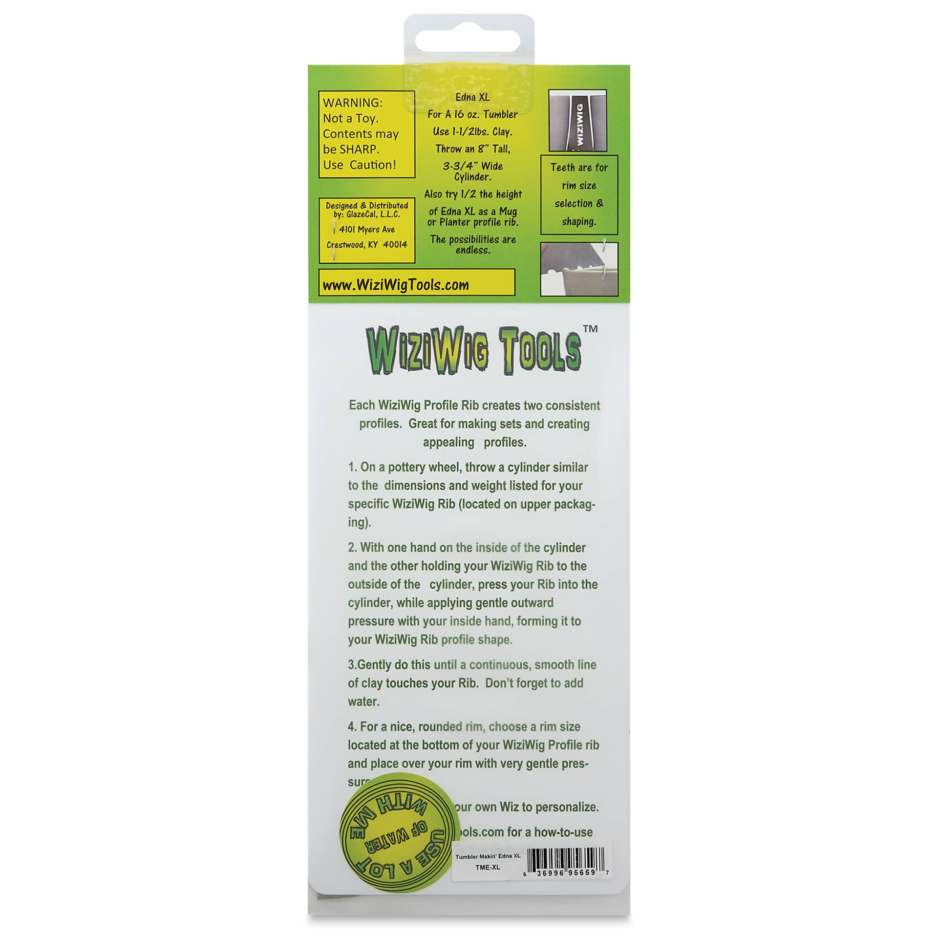 WiziWig Tools Tumbler Makin’ Edna Metal Potter’s Rib - XL, 3-1/4" x 7-1/8", back of packaging