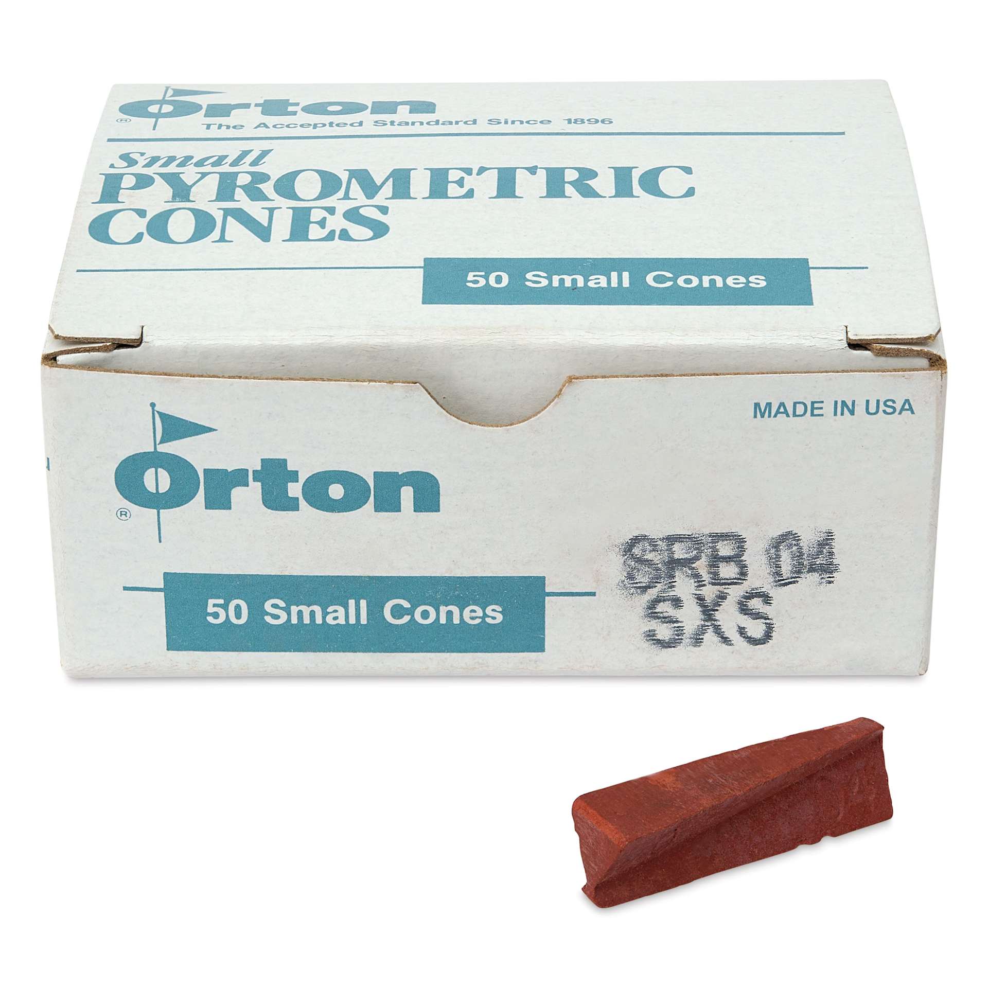 Orton Small Pyrometric Cones, Cone 04, Box of 50 - two cones shown in front of packaging