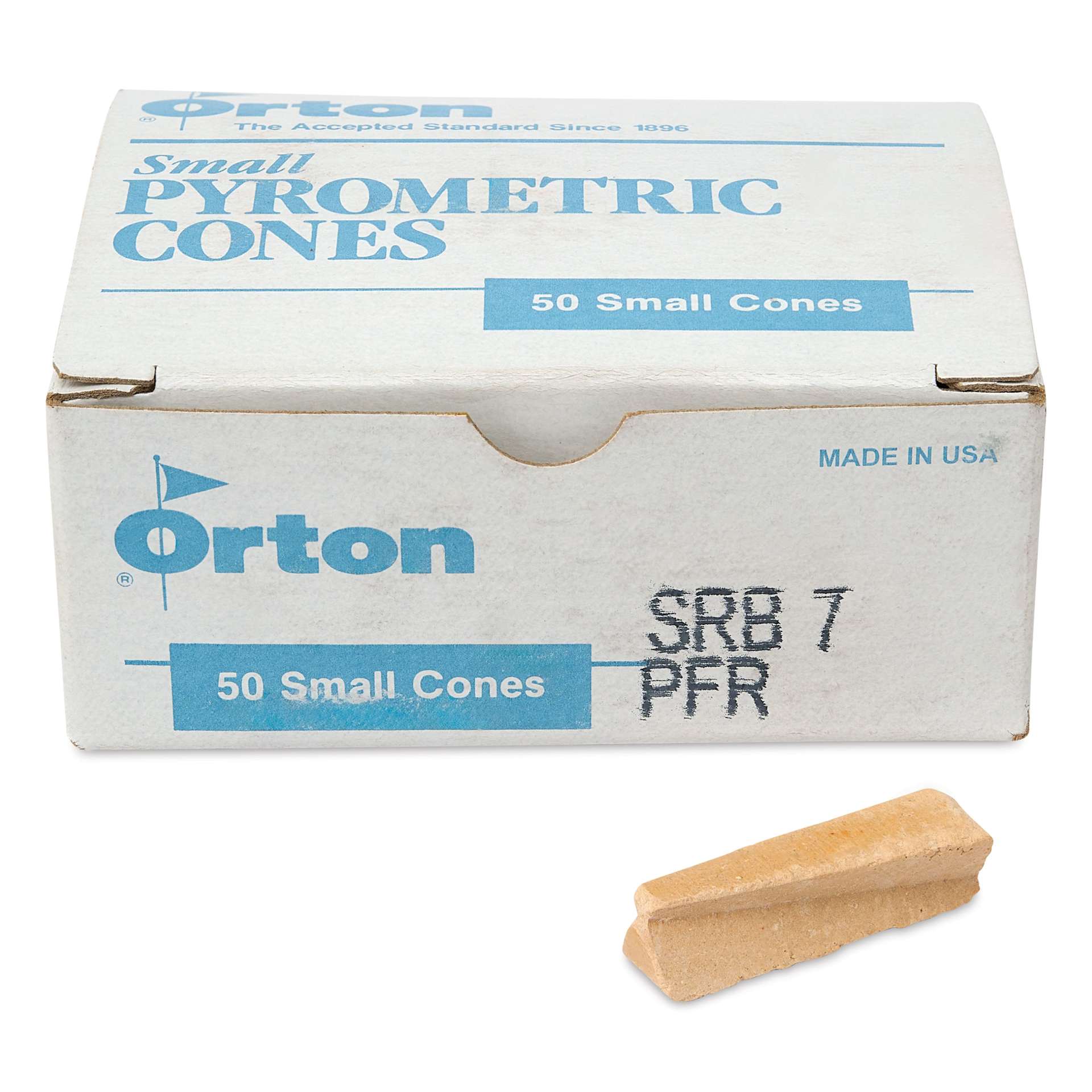 Orton Small Pyrometric Cones, Cone 7, Box of 50 - two cones shown in front of packaging