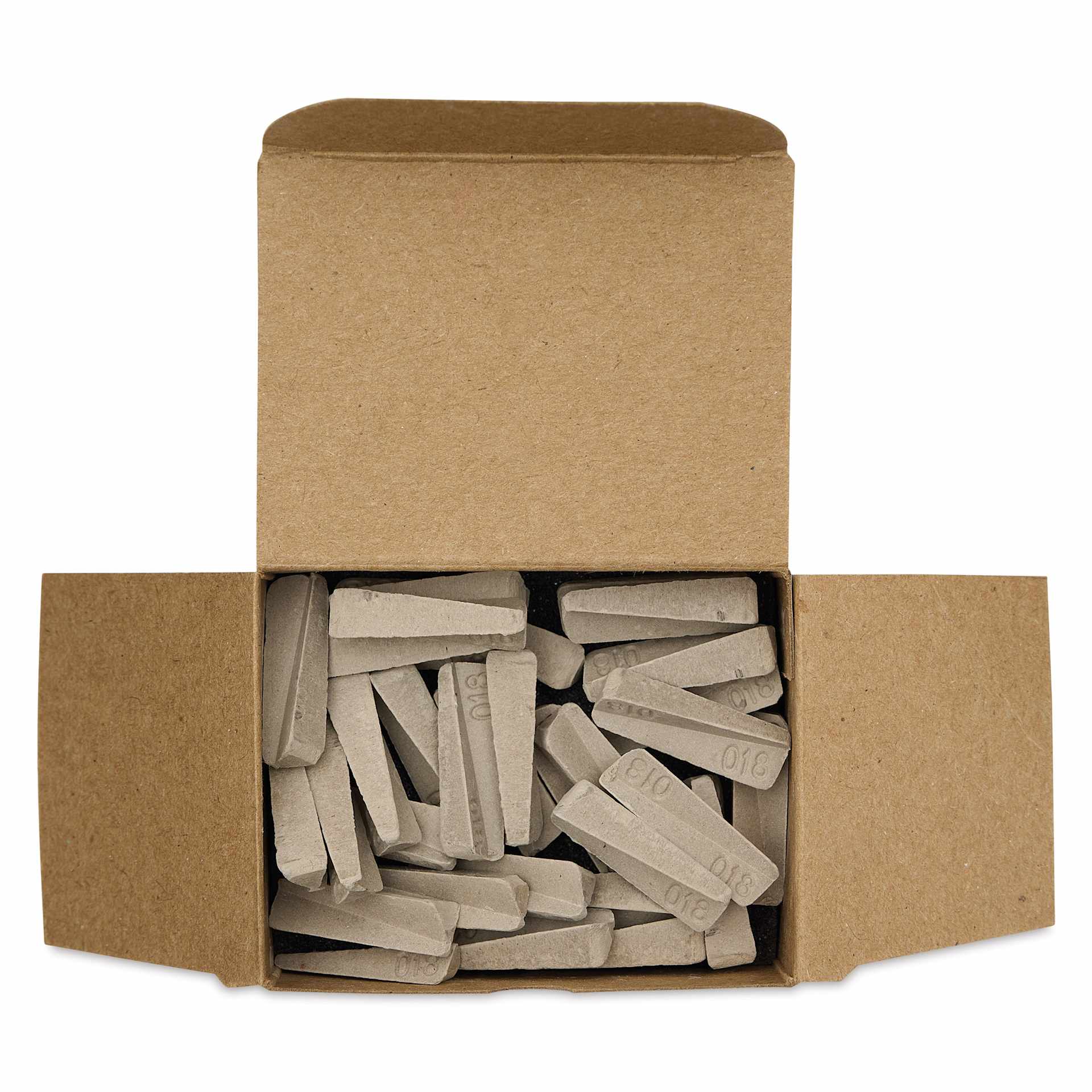 Orton Small Pyrometric Cones, Cone 018, Box of 50 - open packaging with contents, from above