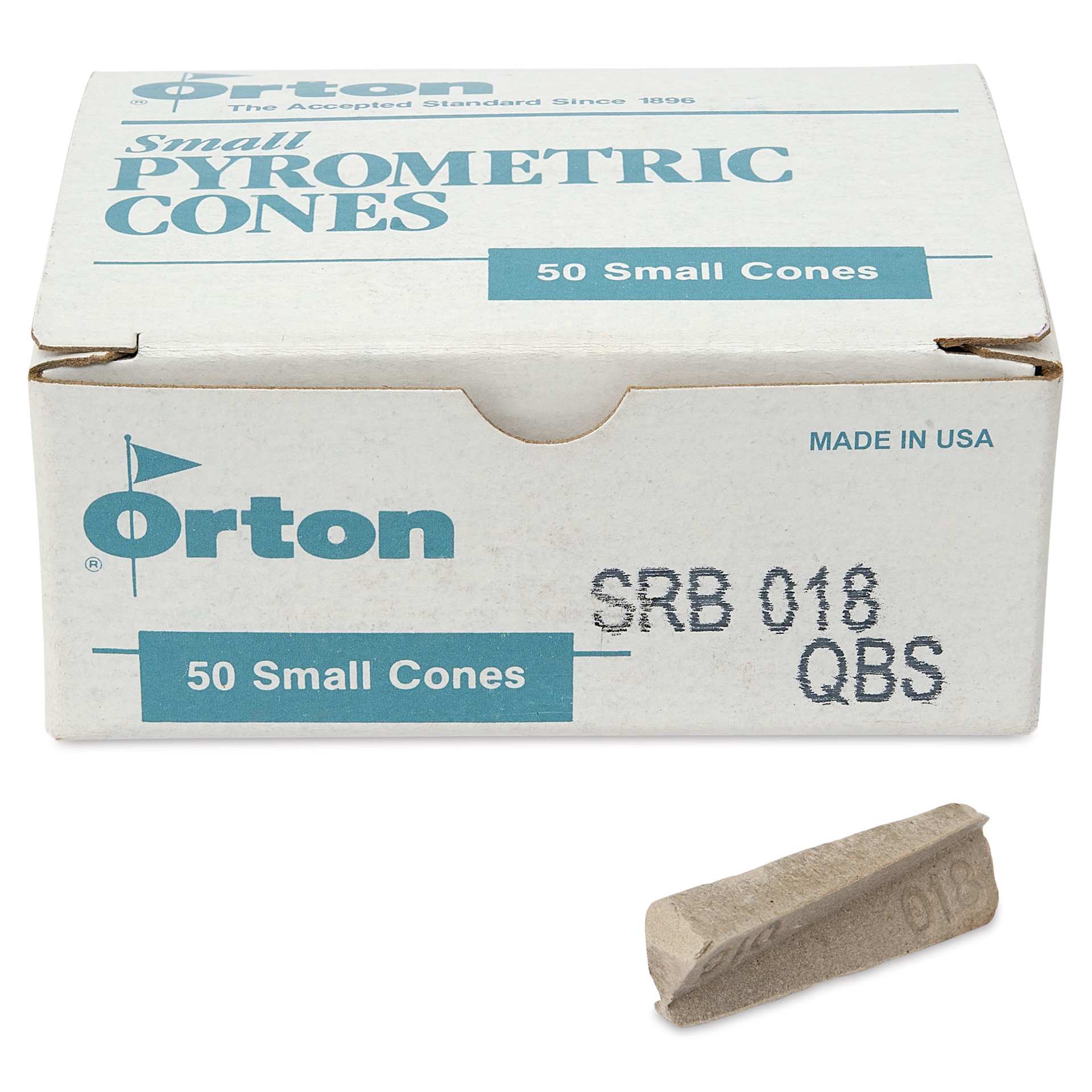 Orton Small Pyrometric Cones, Cone 018, Box of 50 - two cones shown in front of packaging