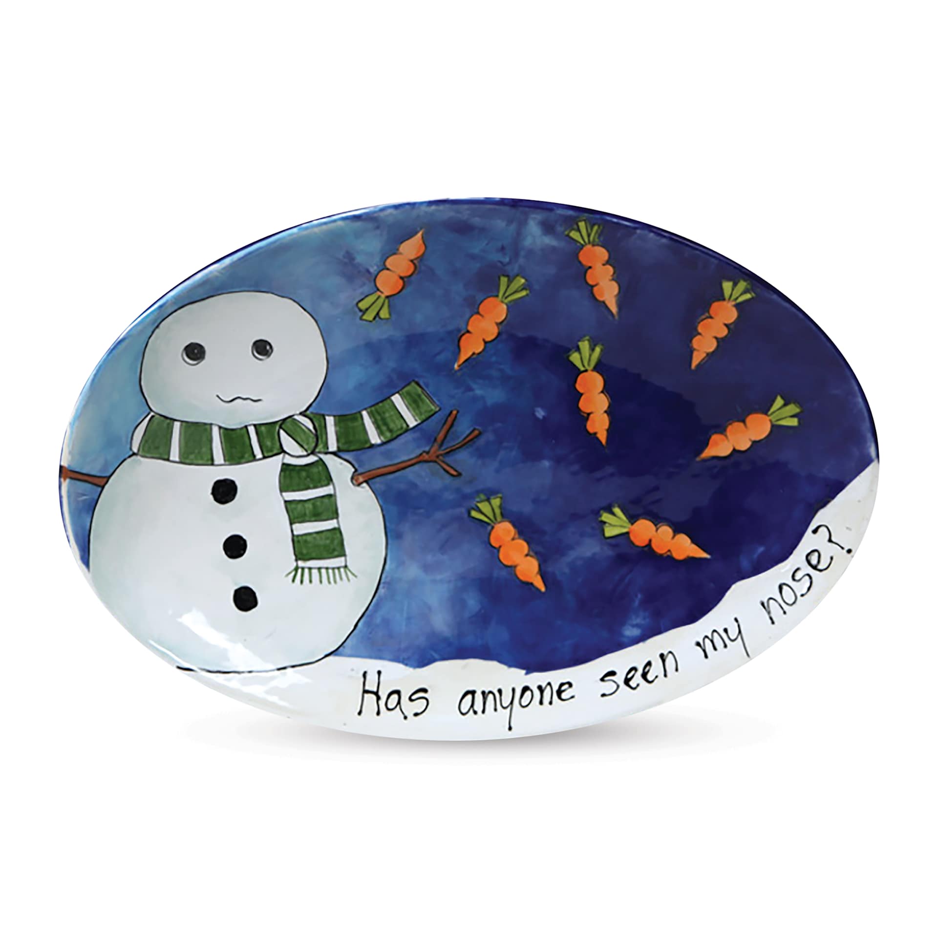 Mayco Earthenware Bisque Serving Platter - Large Oval platter glazed with a snowman and winter scene